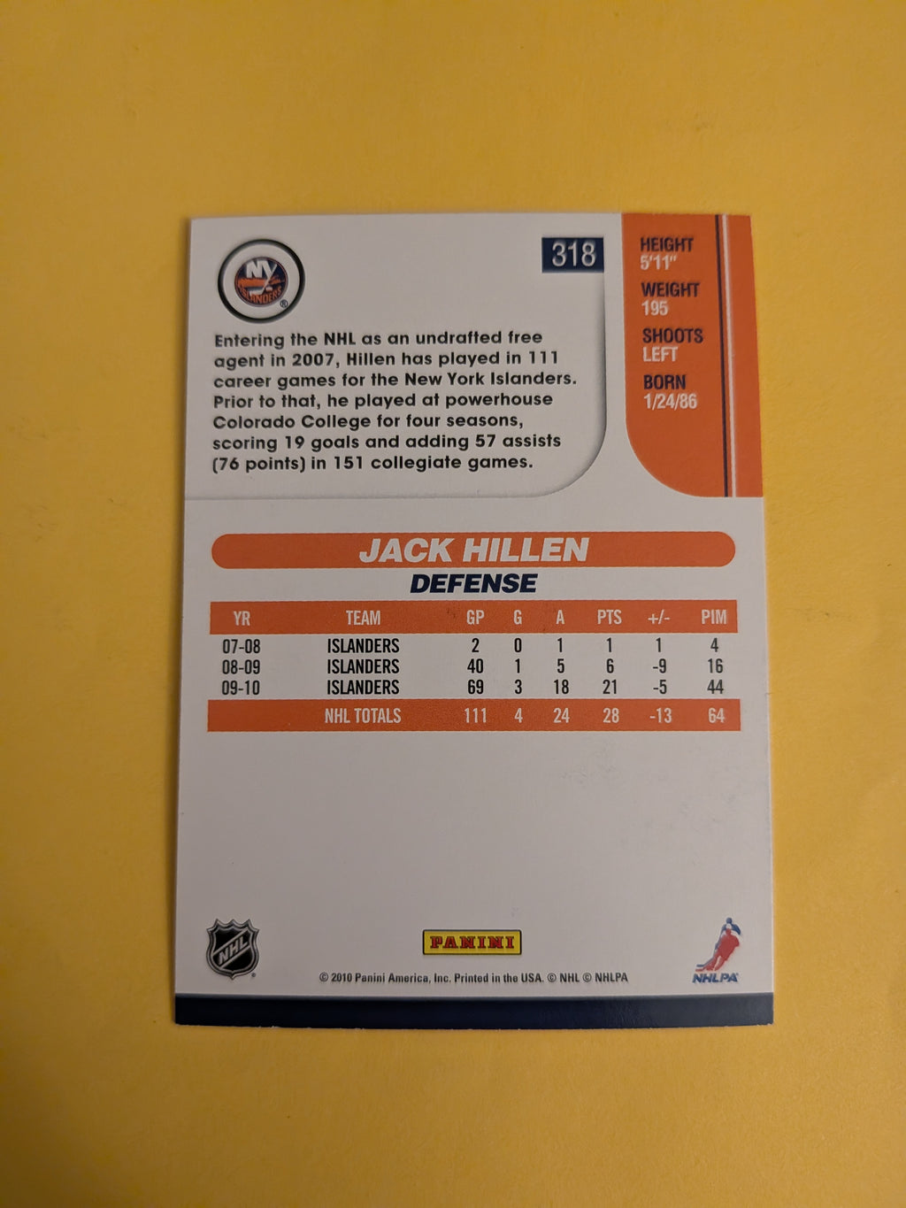 Jack Hillen Signed New York Islanders Card A