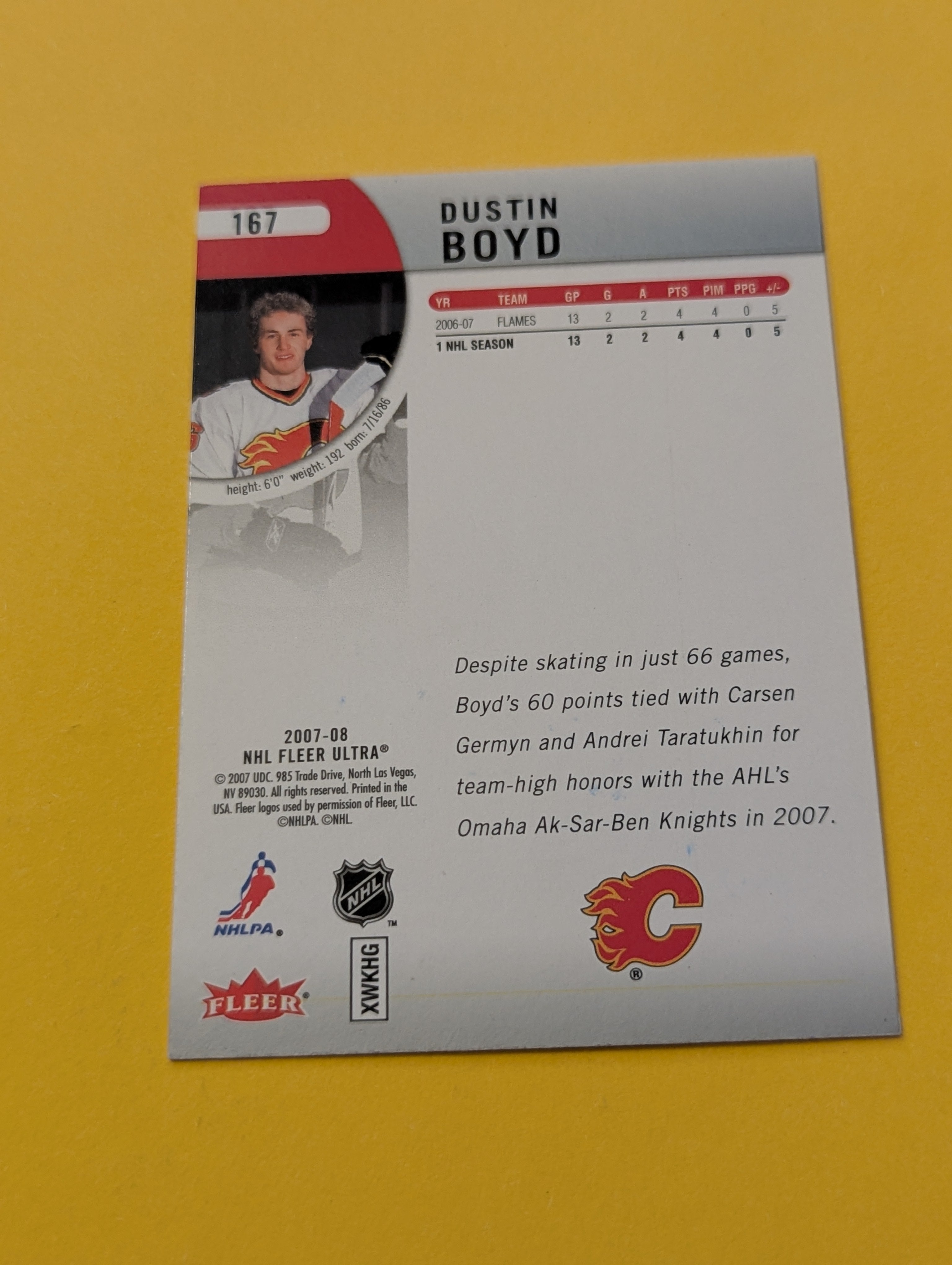 Dustin Boyd Signed Calgary Flames Card