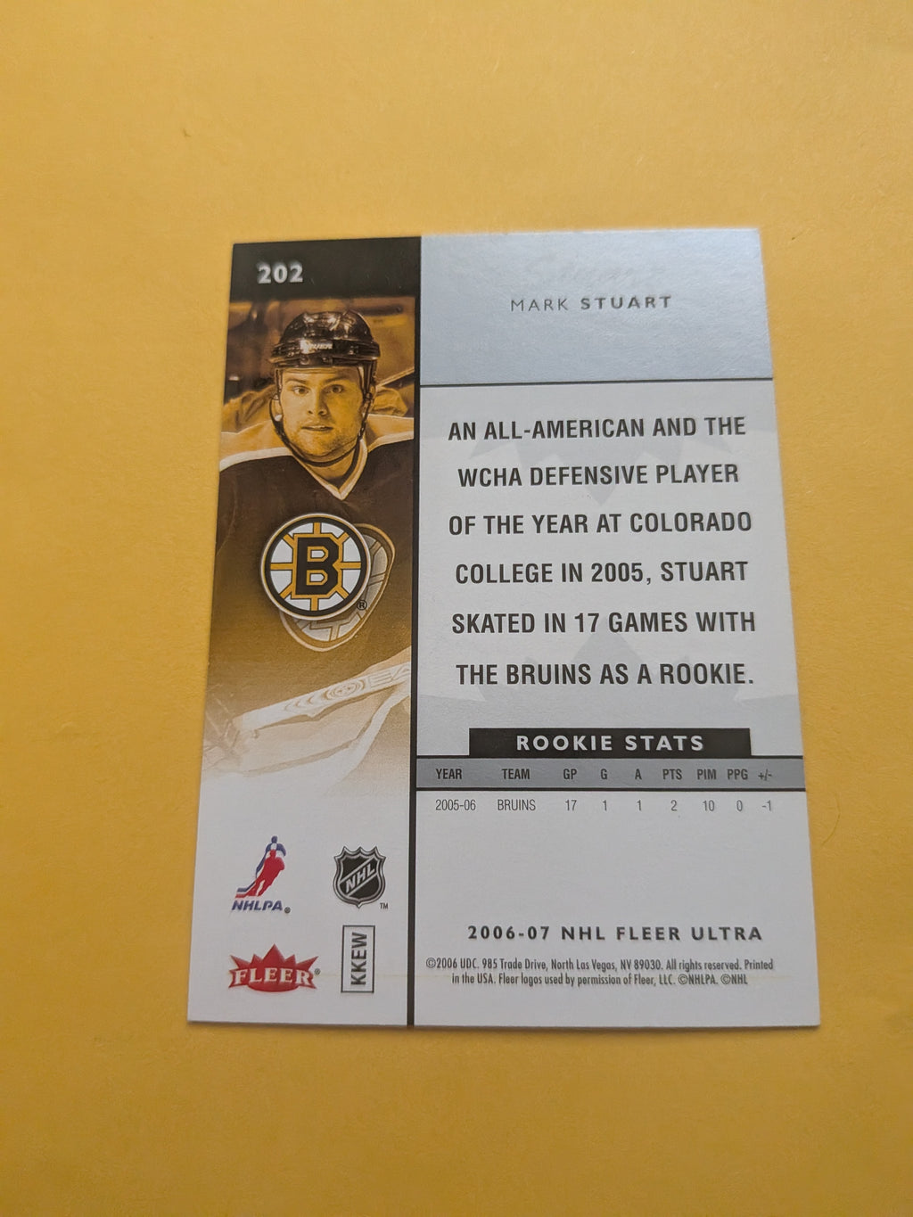 Mark Stuart Signed Boston Bruins Rookie Card B