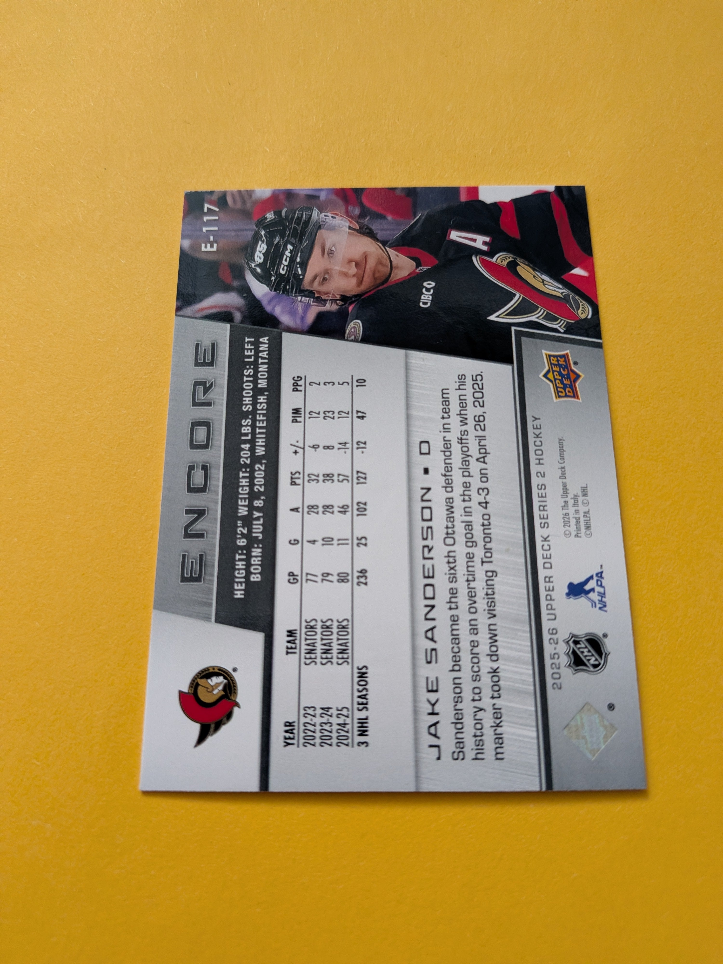 Jake Sanderson 25-26 Upper Deck Encore Card