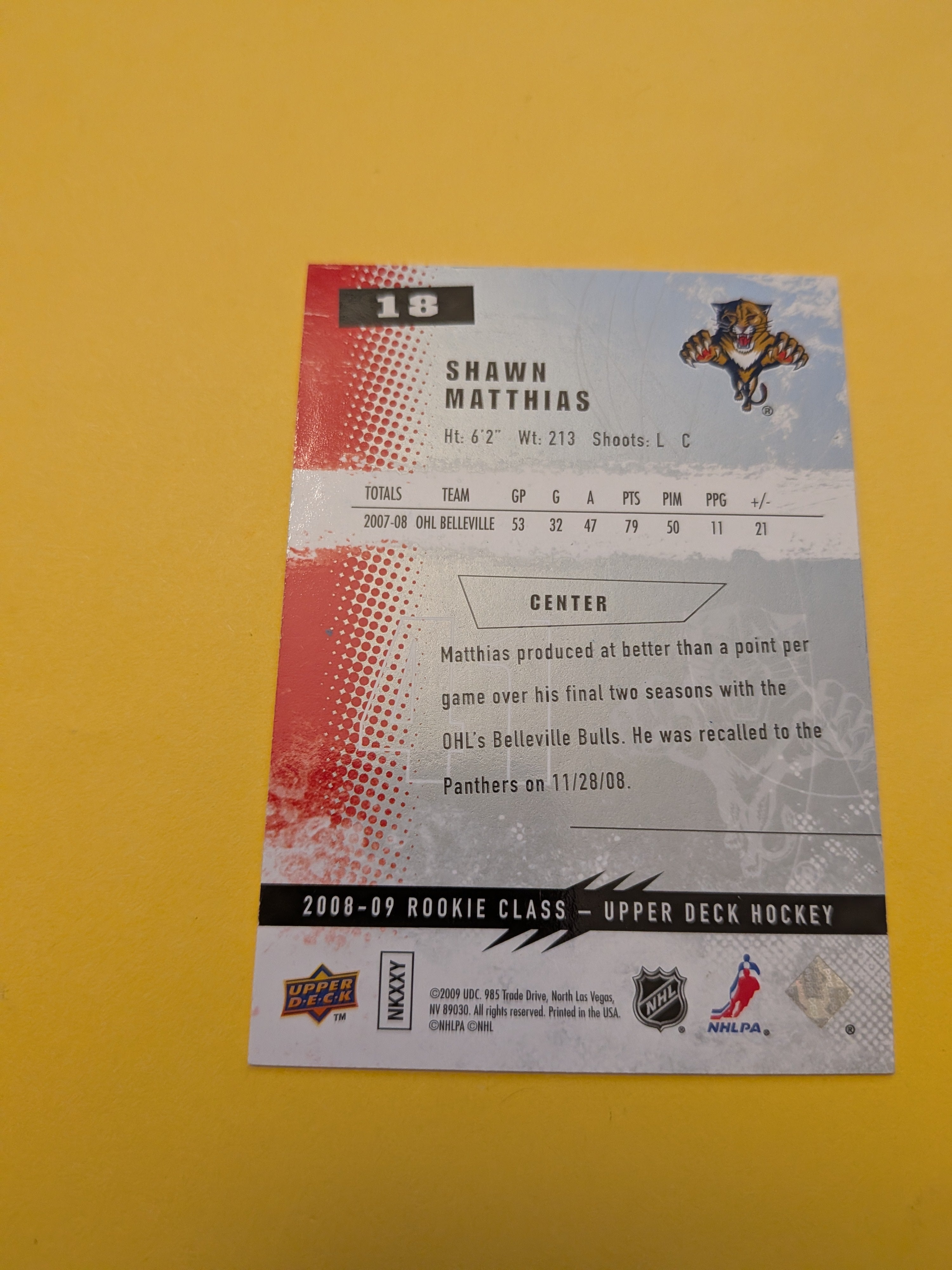Shawn Matthias Signed Florida Panthers Rookie Card B