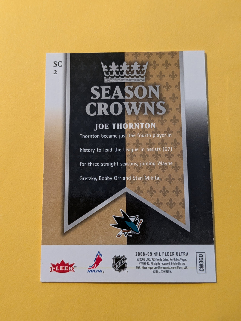Joe Thornton 08-09 Fleer Ultra Season Crowns Card