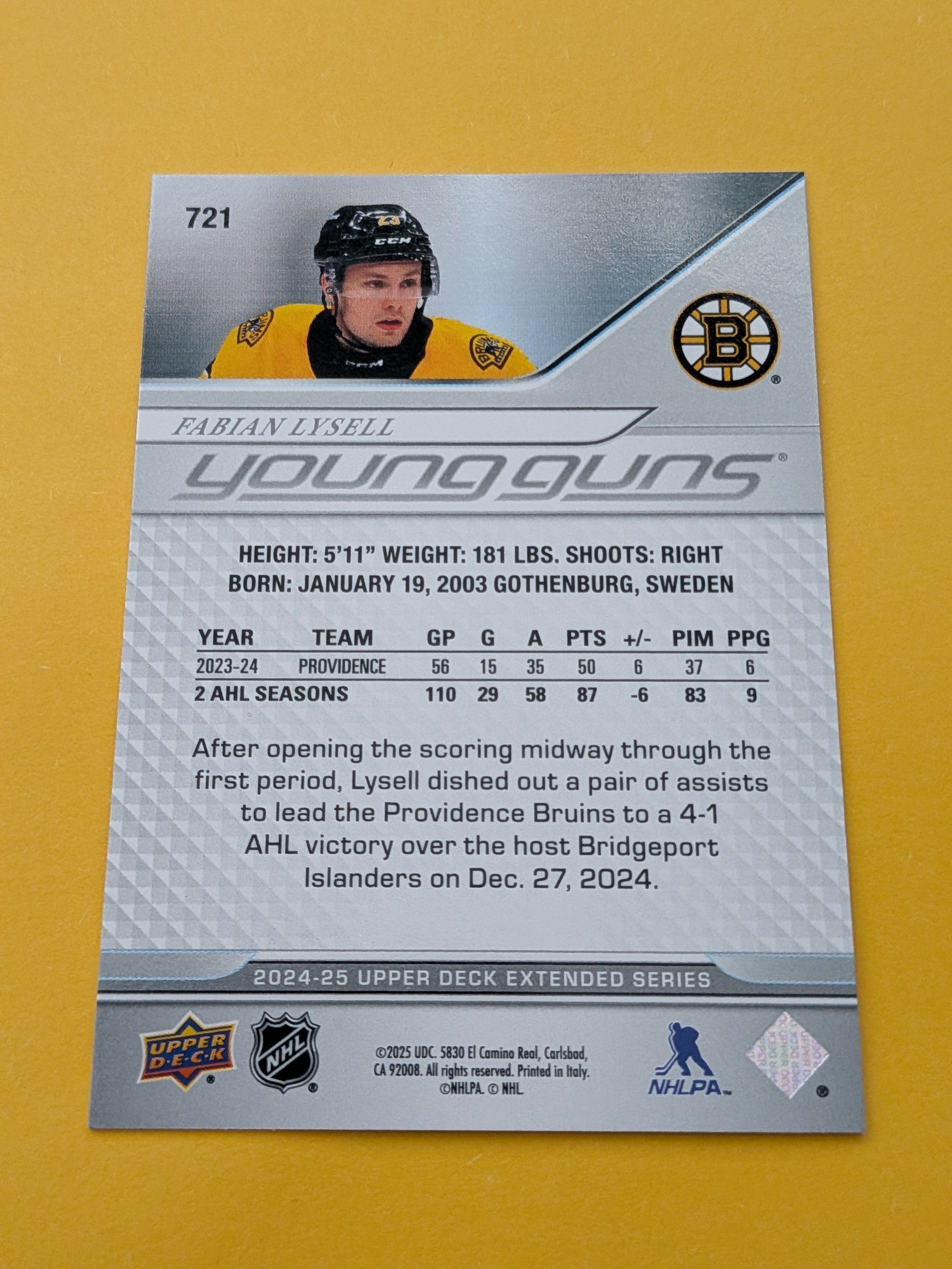 Fabian Lysell 24-25 Upper Deck Young Guns Rookie Card