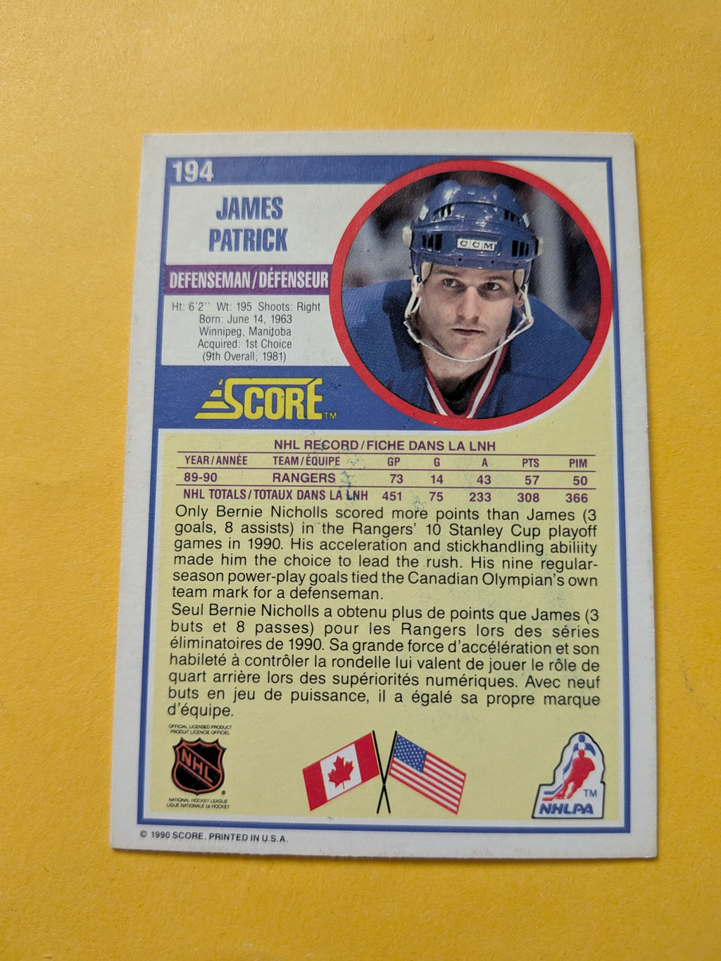 James Patrick Signed New York Rangers Card A