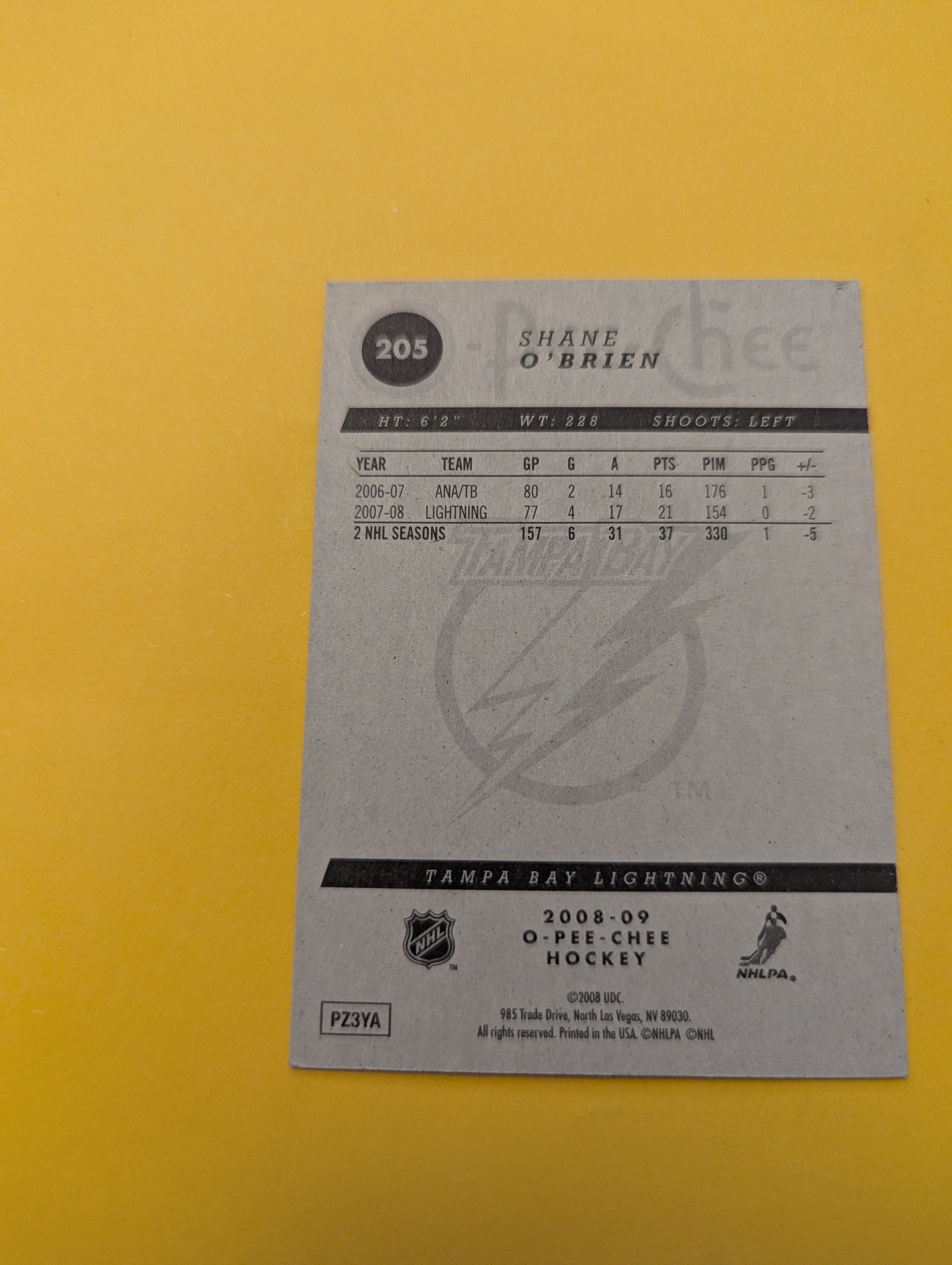 Shane O'Brien Signed Tampa Bay Lightning Card