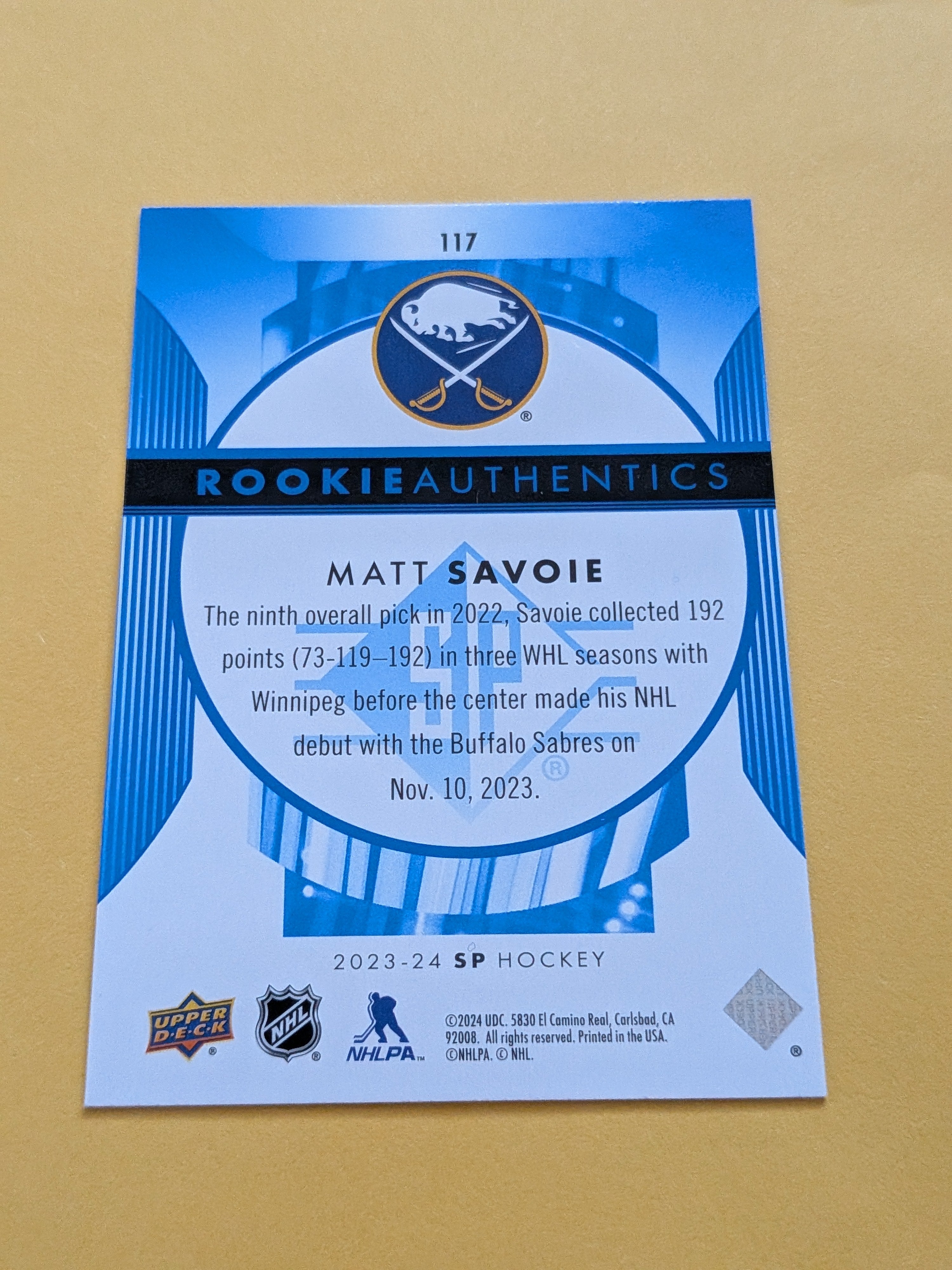 Matt Savoie 23-24 SP Rookie Authentics Card