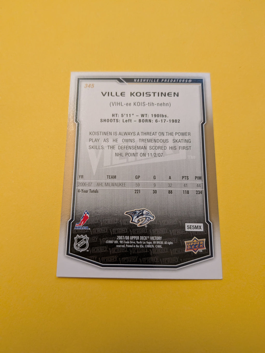Ville Koistinen Signed Nashville Predators Card B