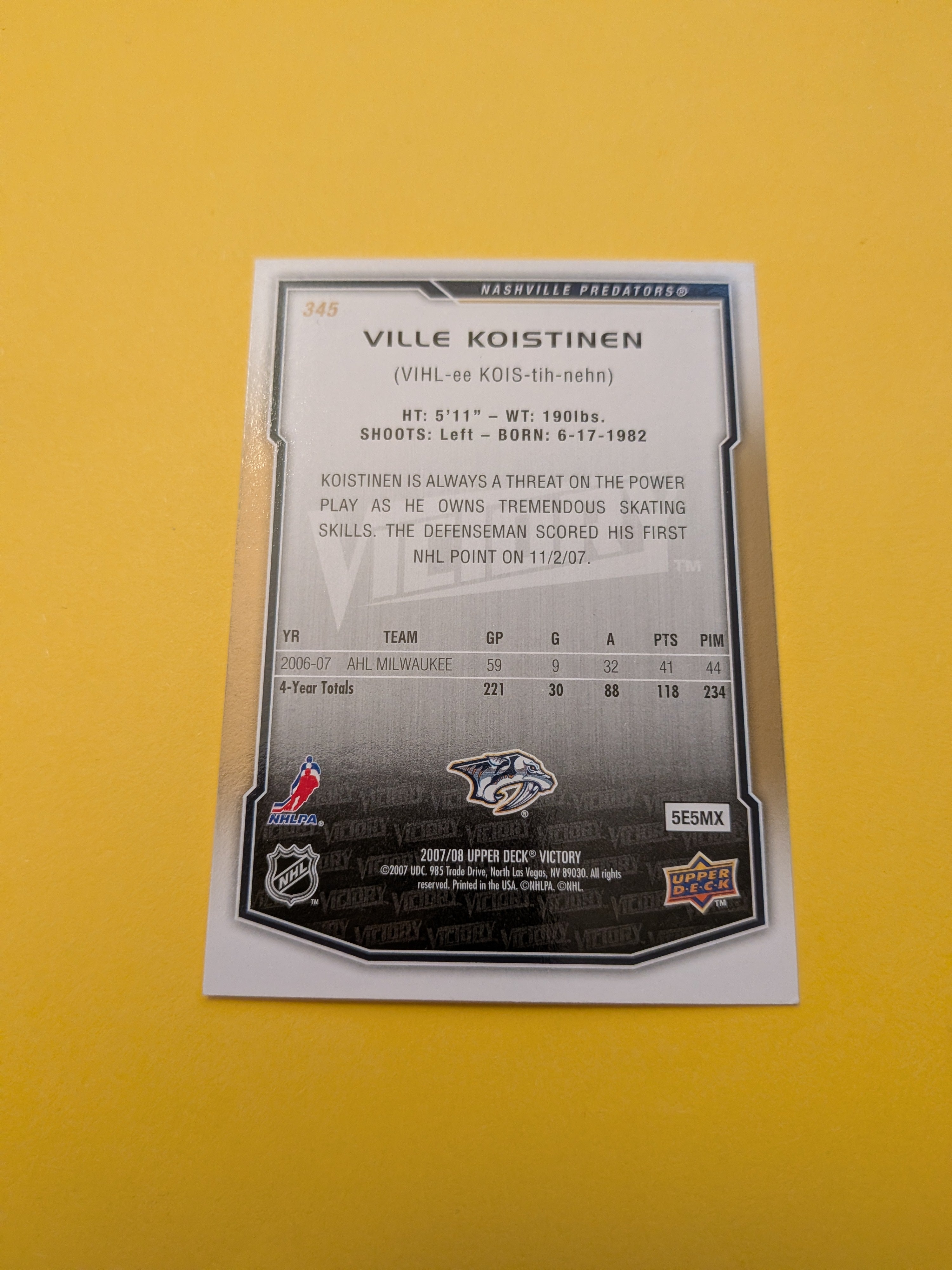 Ville Koistinen Signed Nashville Predators Card B