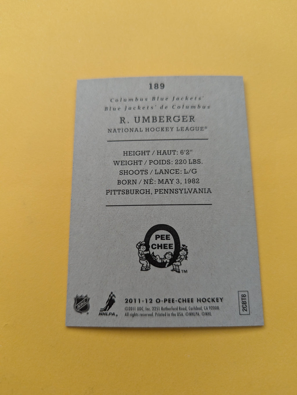 R.J. Umberger Signed Columbus Blue Jackets Card