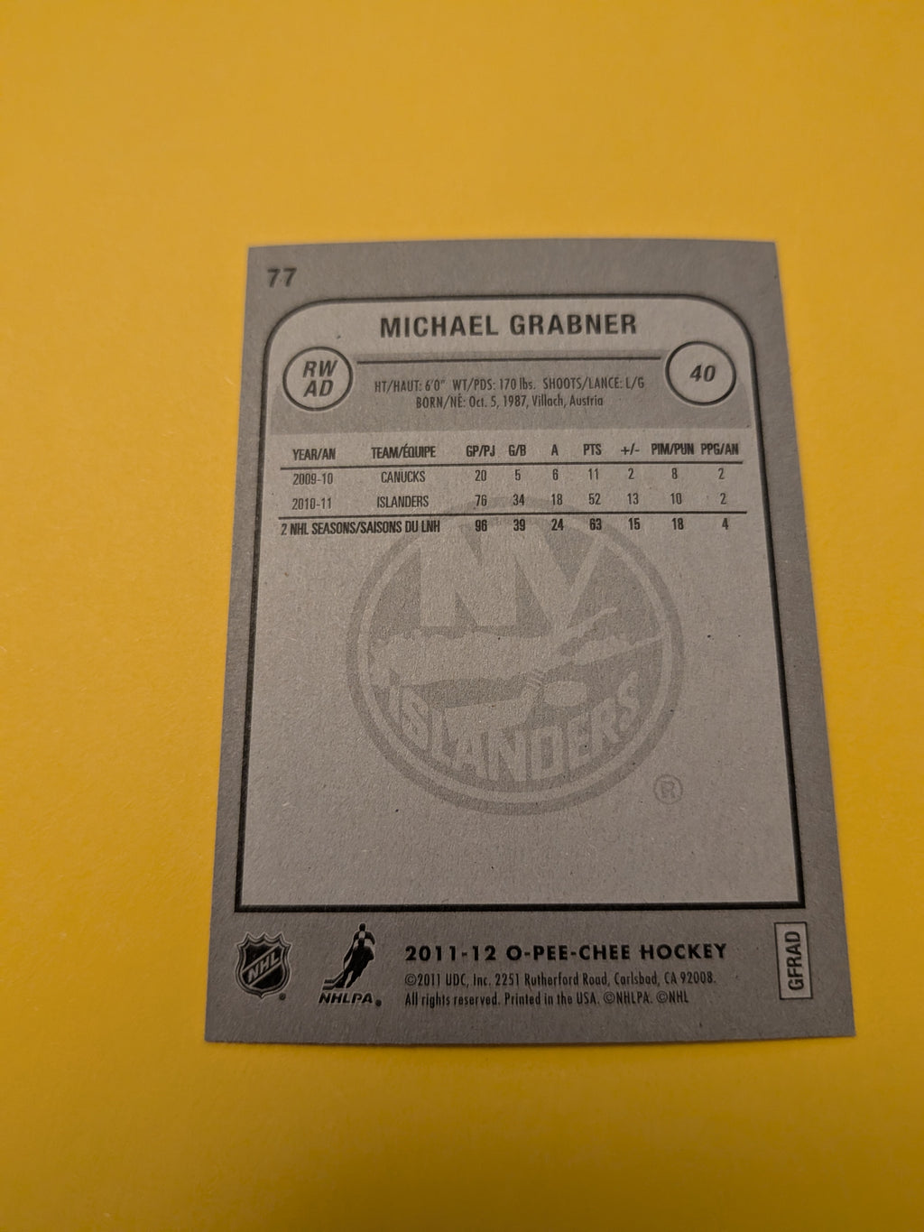 Michael Grabner Signed New York Islanders Card D
