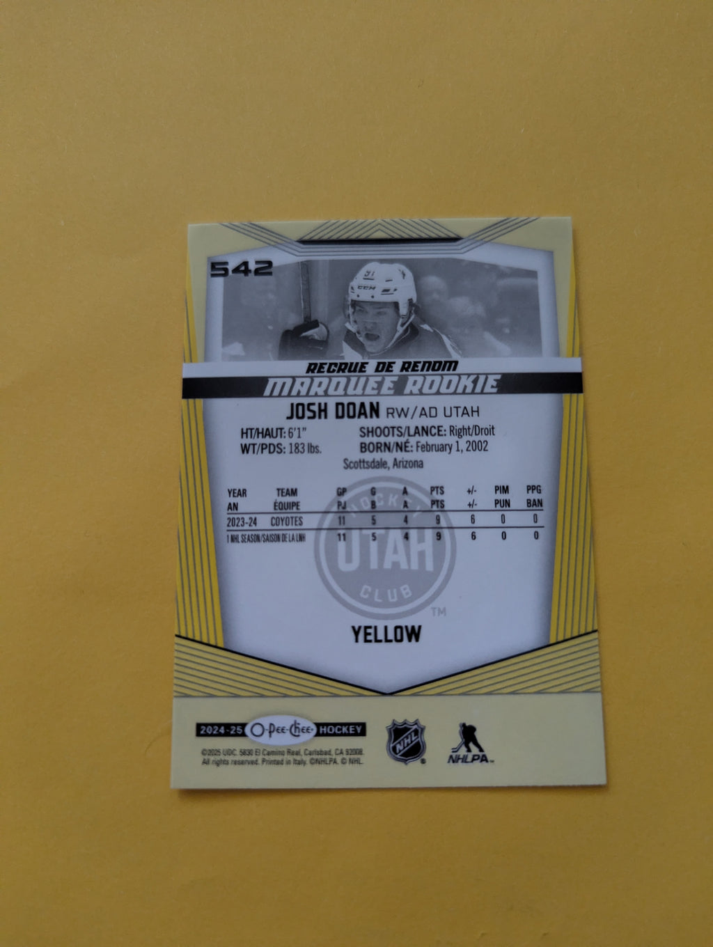 Josh Doan 24-25 OPC Yellow Parallel Rookie Card