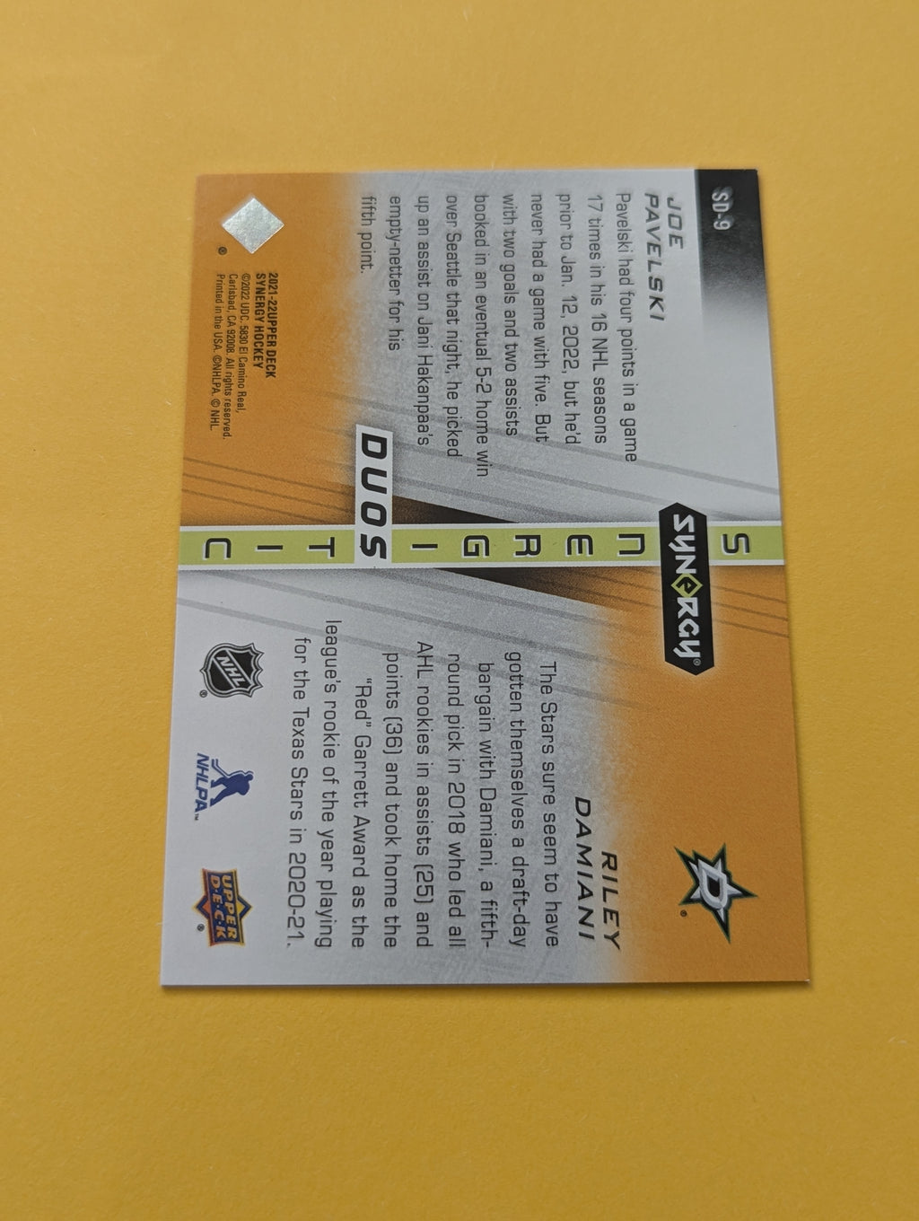 Joe Pavelski Riley Damiani 21-22 Synergy Synergistic Duos Card 351/799