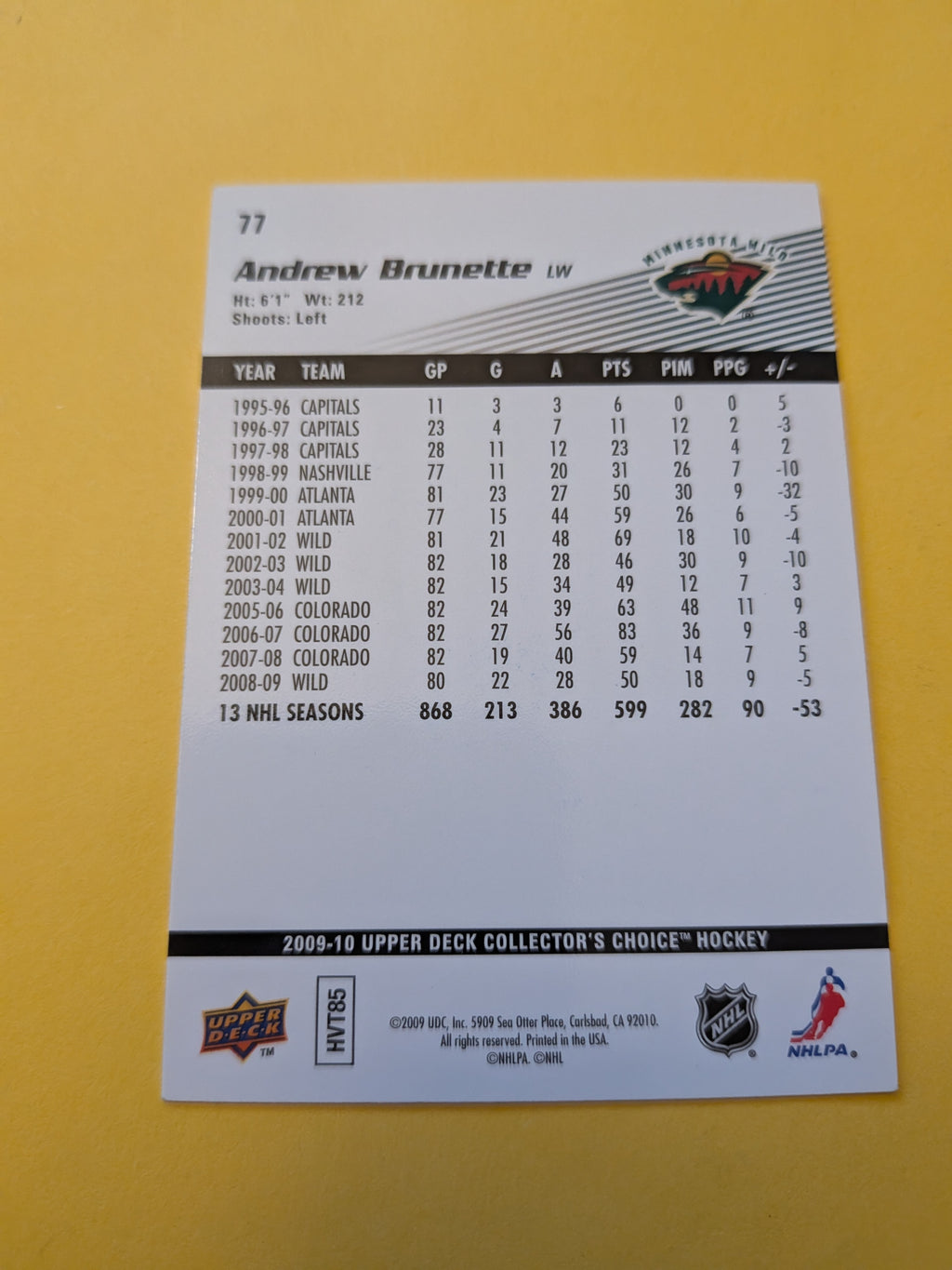Andrew Brunette Signed Minnesota Wild Card A