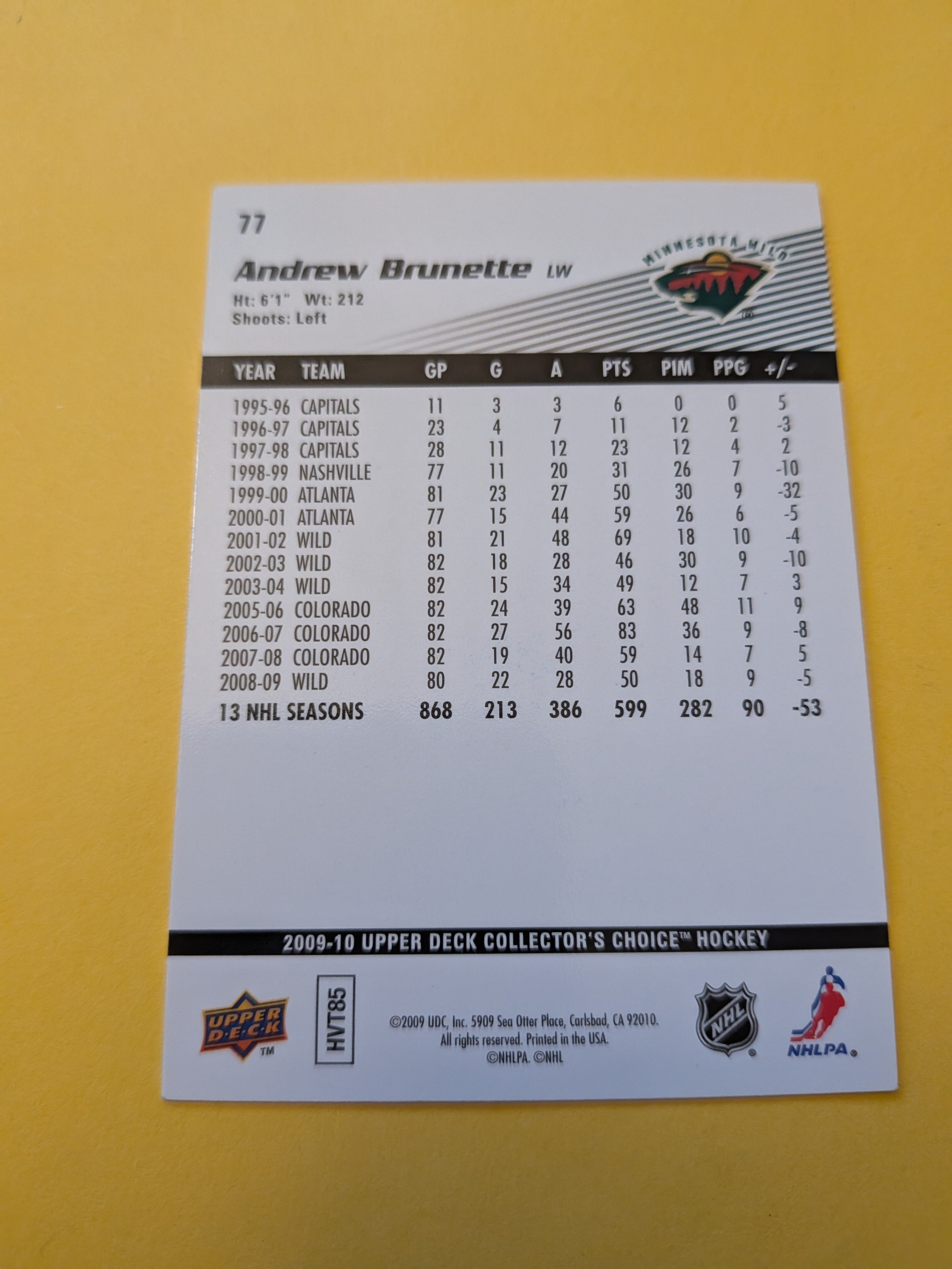 Andrew Brunette Signed Minnesota Wild Card A