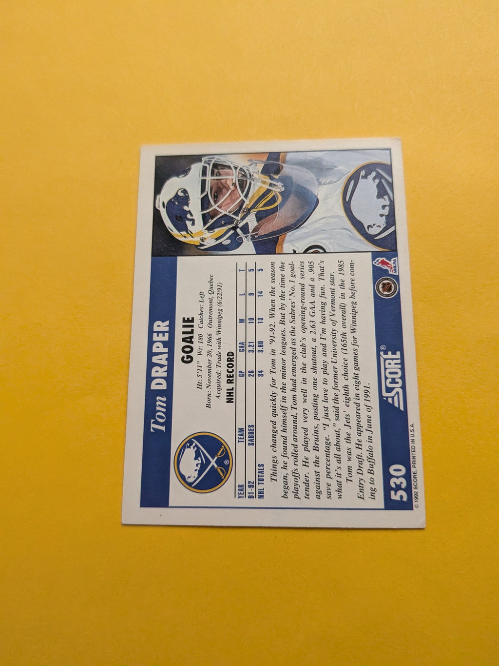 Tom Draper Signed Buffalo Sabres Card C