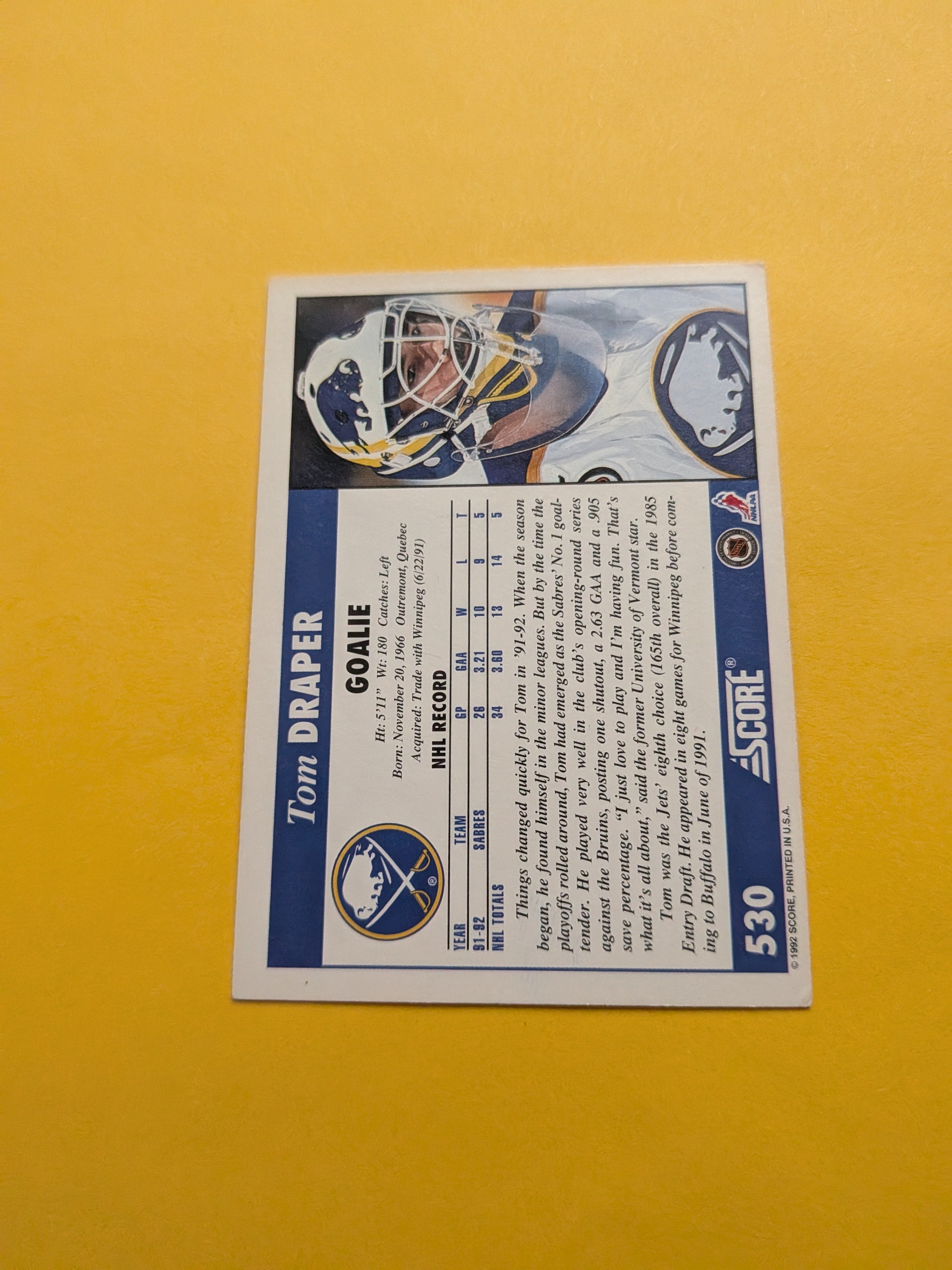 Tom Draper Signed Buffalo Sabres Card C