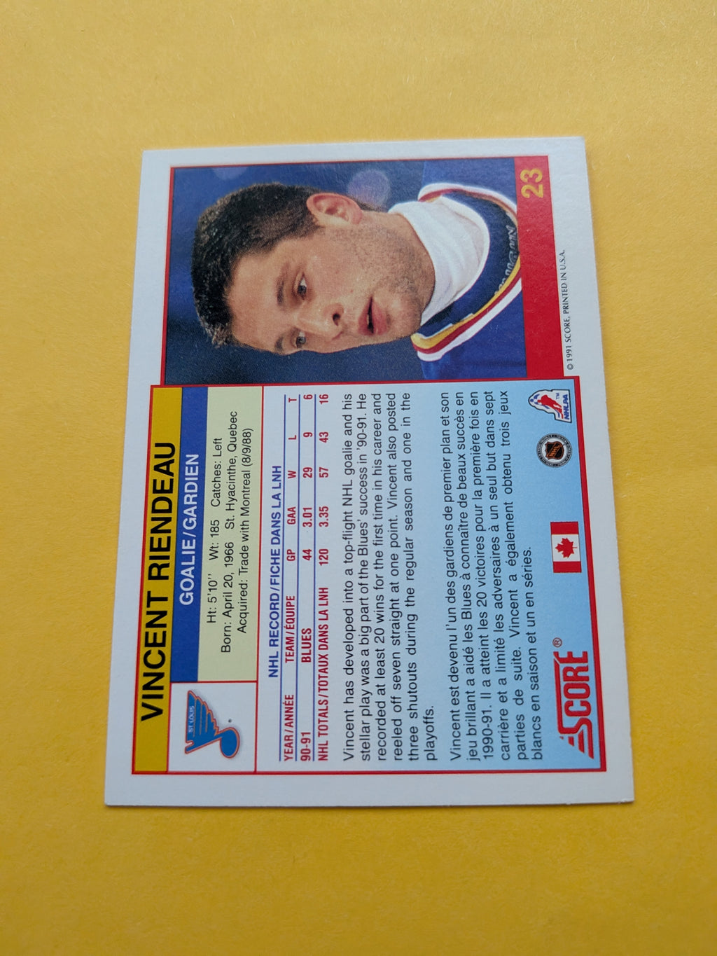 Vincent Riendeau Signed St. Louis Blues Card F