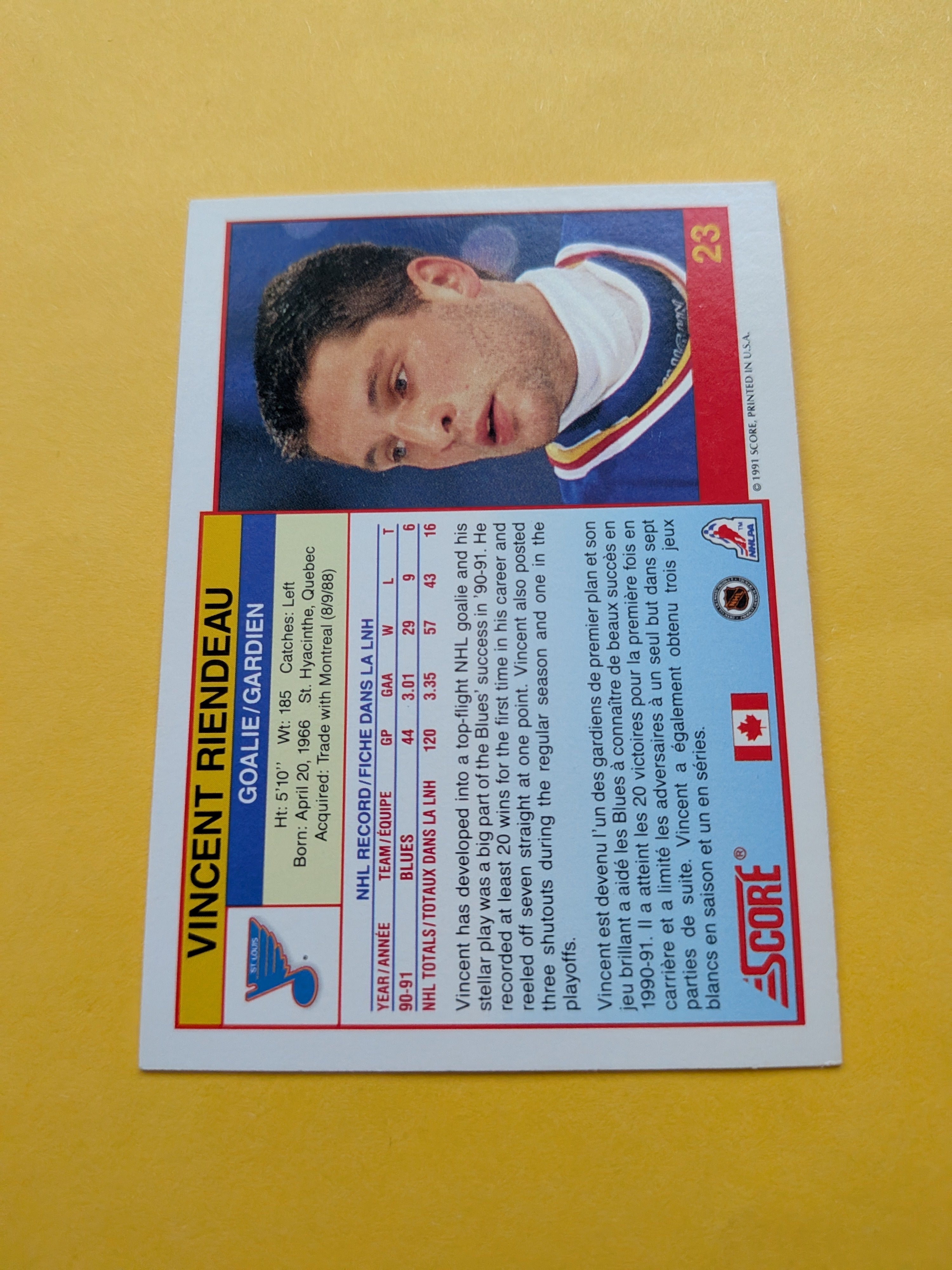 Vincent Riendeau Signed St. Louis Blues Card F