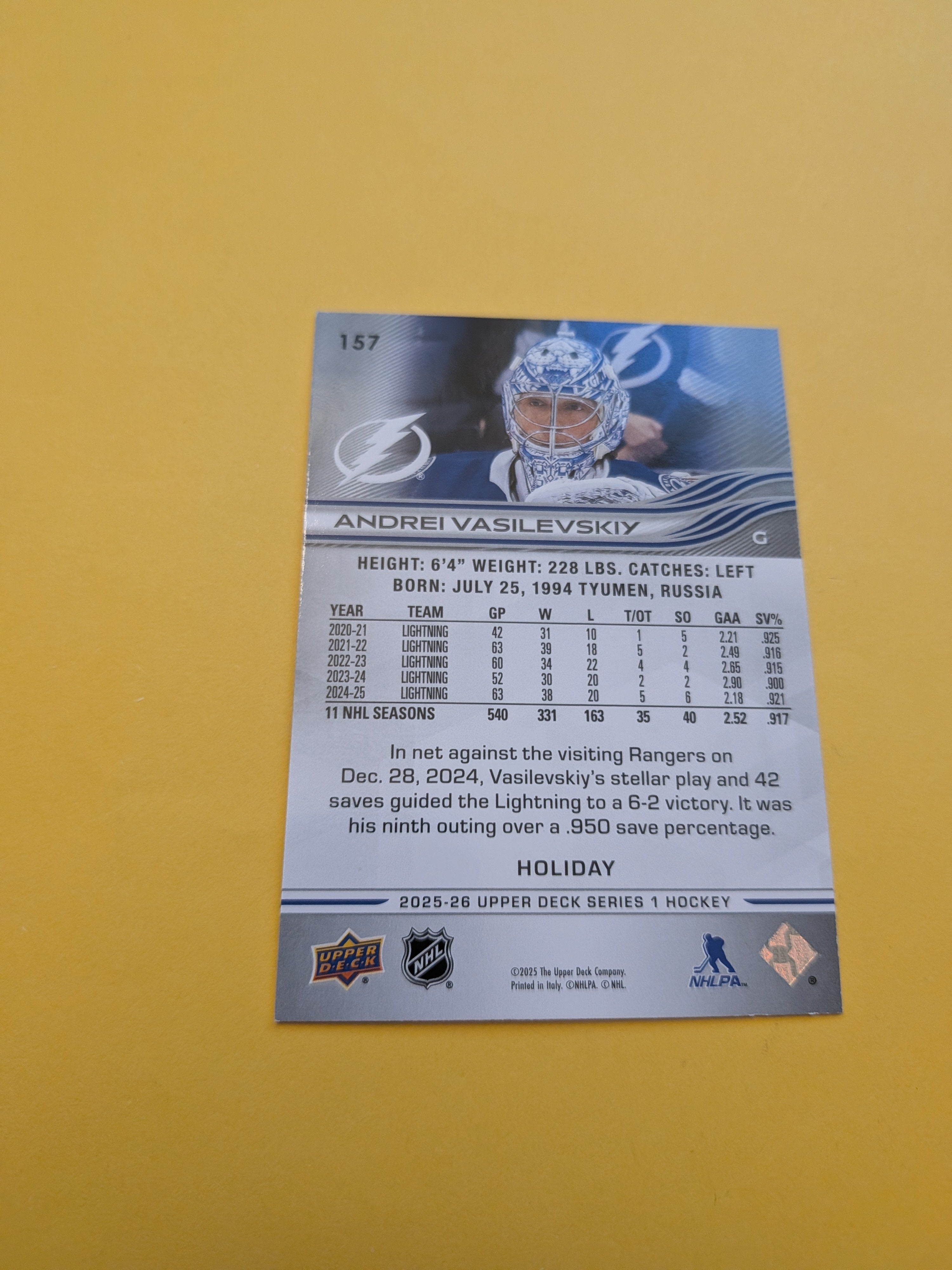 Andrei Vasilevskiy 25-26 Upper Deck Green Holiday Card
