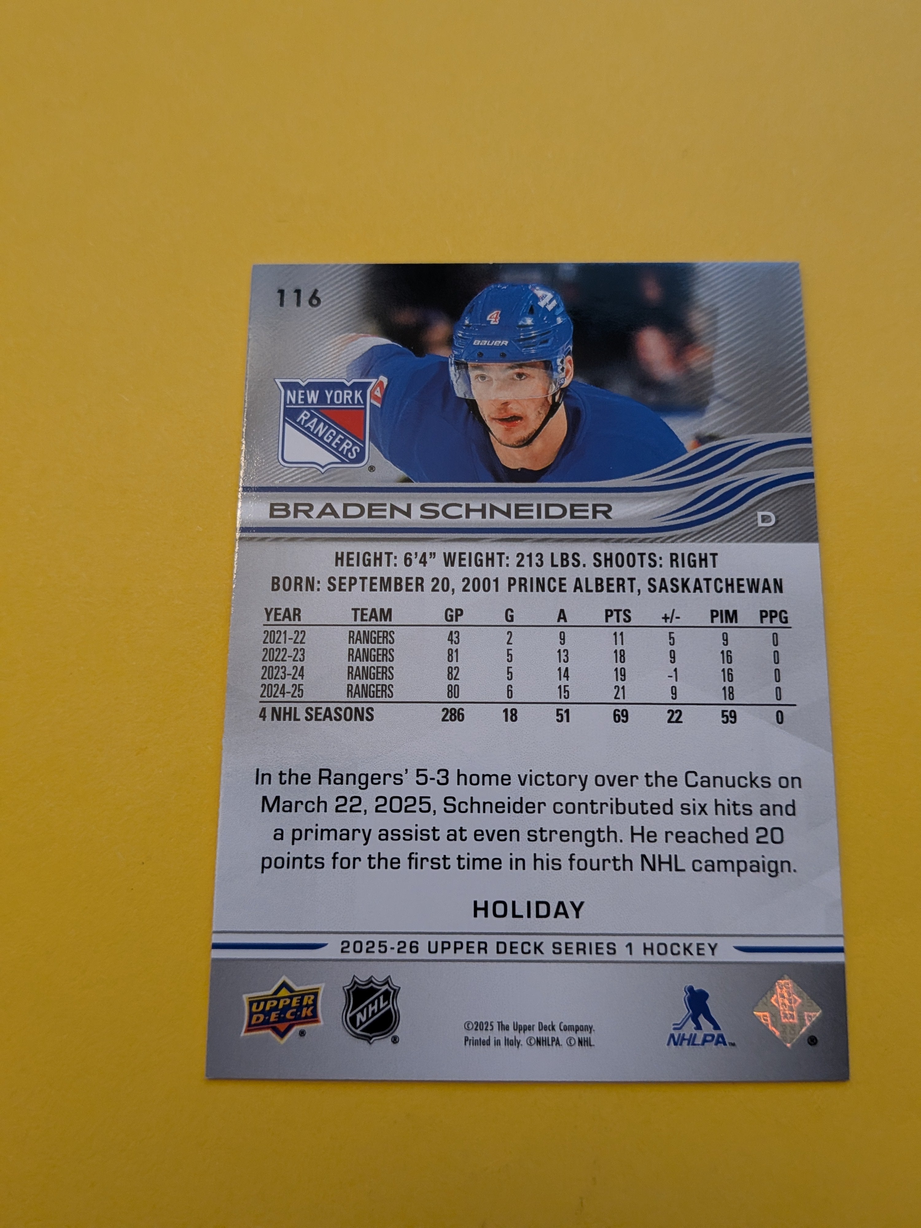 Braden Schneider 25-26 Upper Deck Green Holiday Card