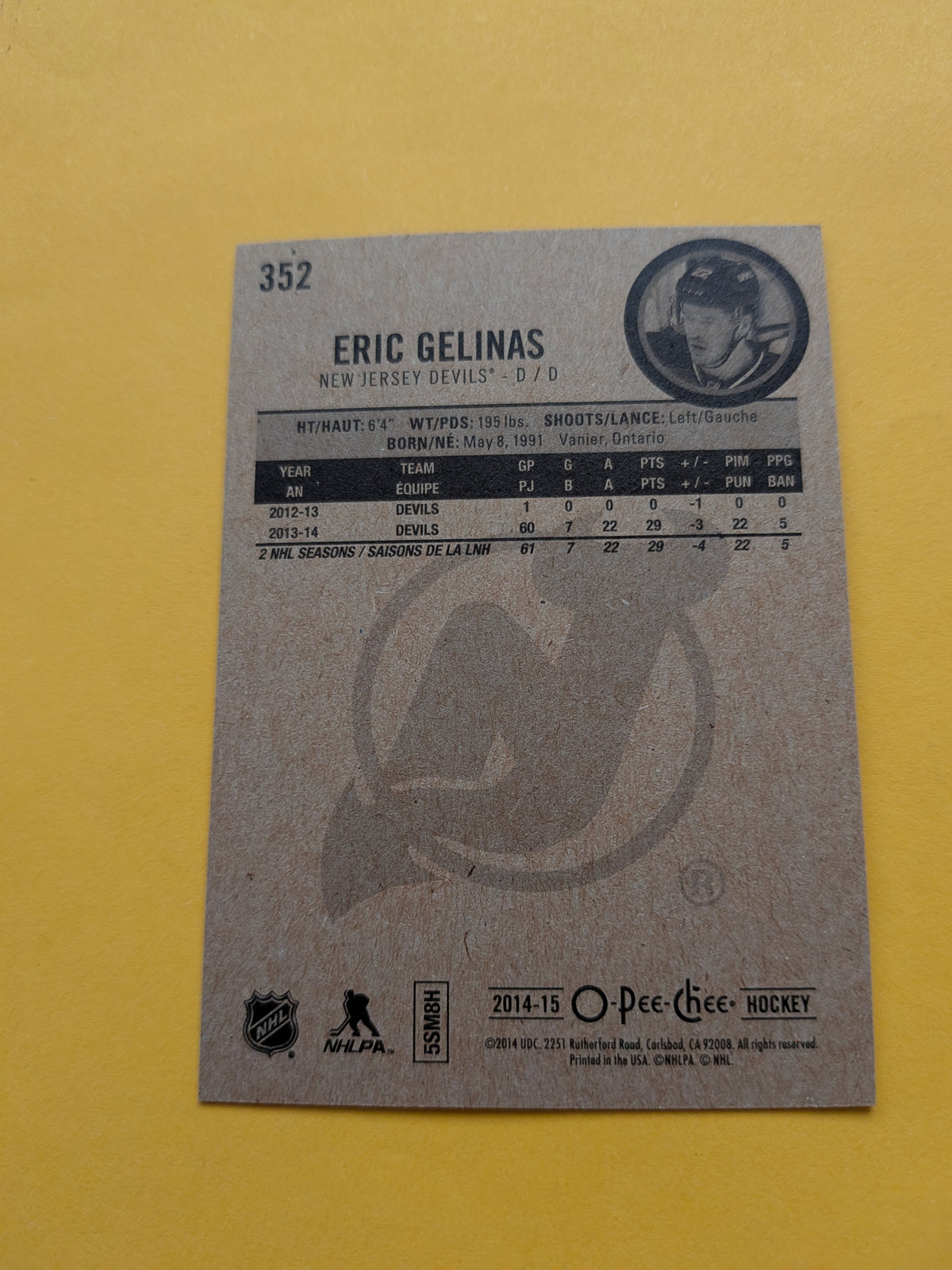 Eric Gelinas Signed New Jersey Devils Card A