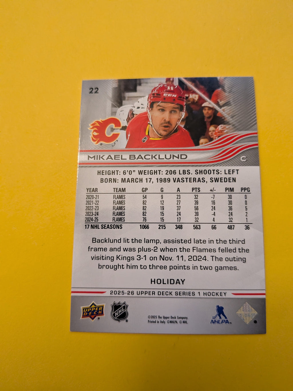 Mikael Backlund 25-26 Upper Deck Green Holiday Card