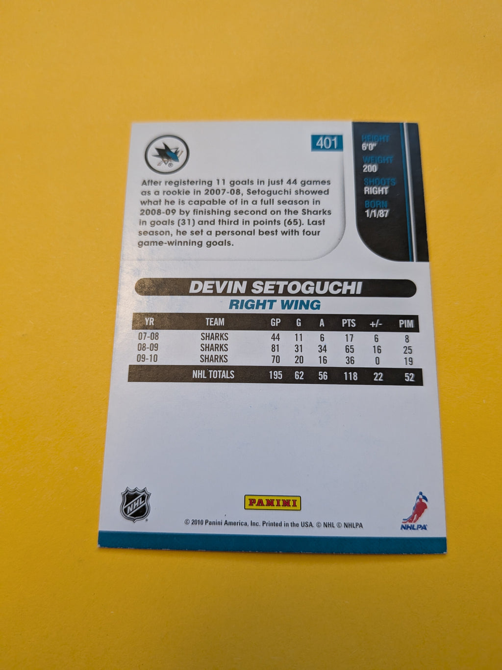 Devin Setoguchi Signed San Jose Sharks Card A