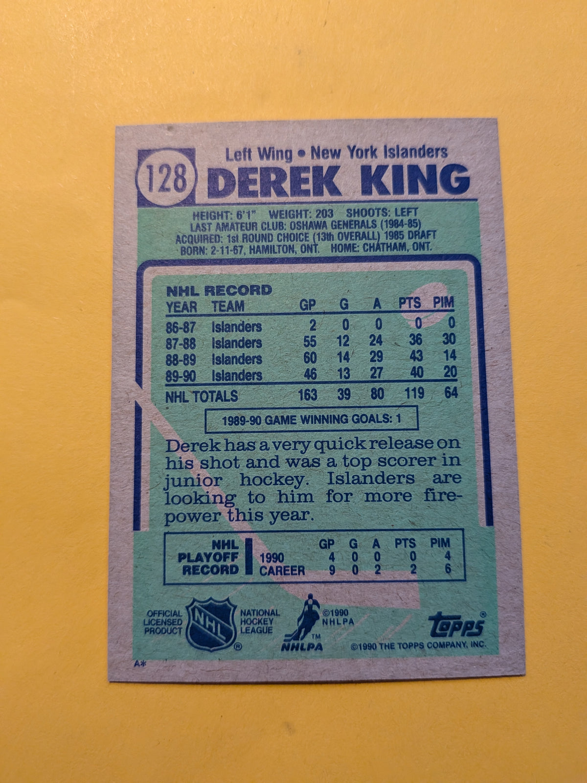 Derek King Signed New York Islanders Card D
