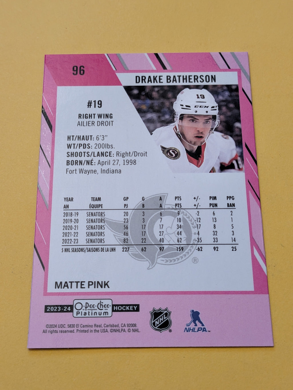 Drake Batherson 23-24 OPC Platinum Matte Pink Card