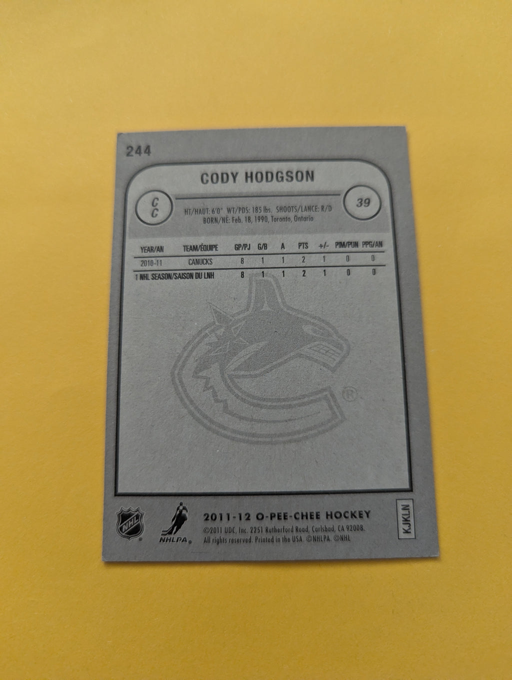 Cody Hodgson Signed Vancouver Canucks Card