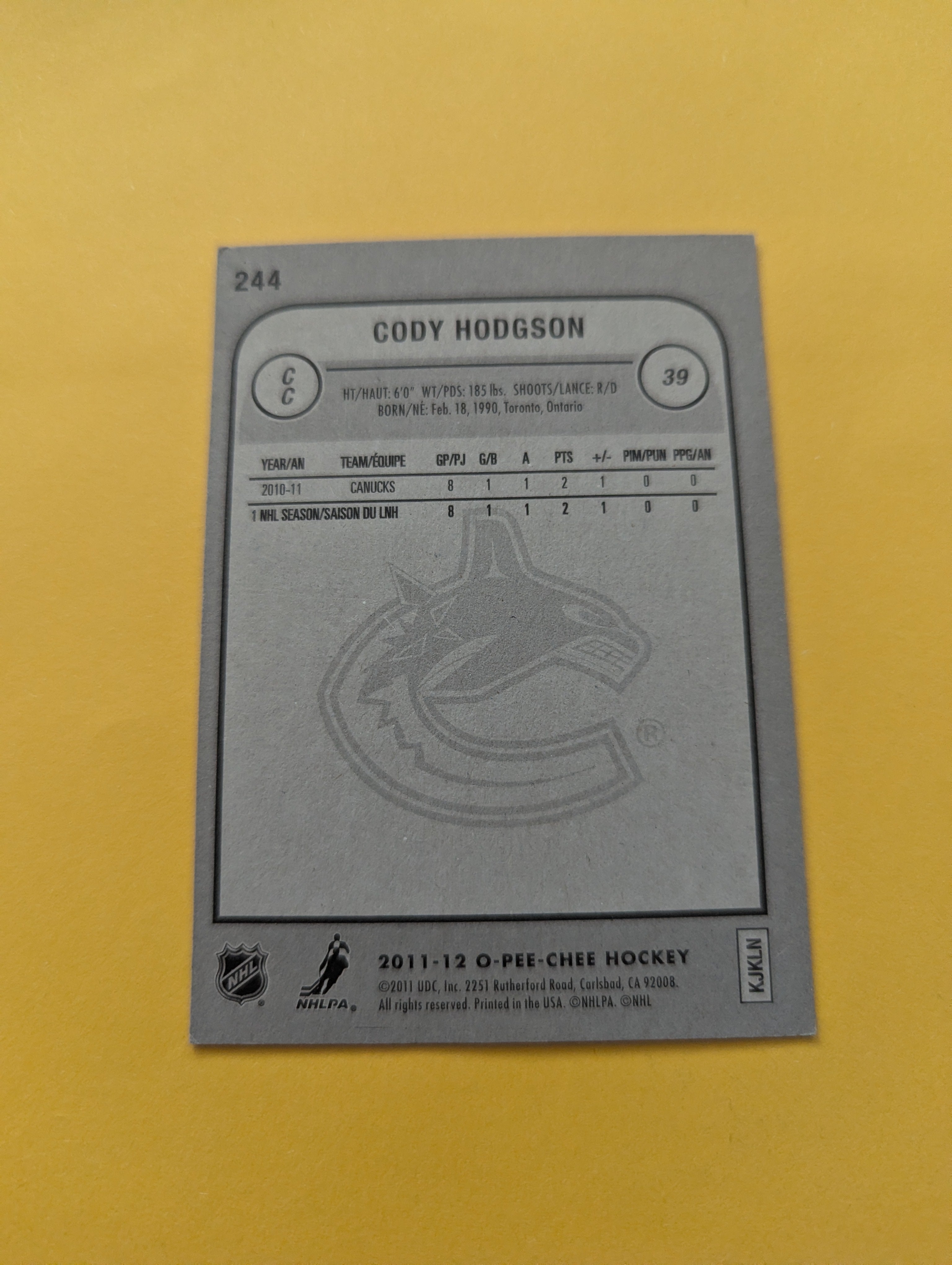 Cody Hodgson Signed Vancouver Canucks Card