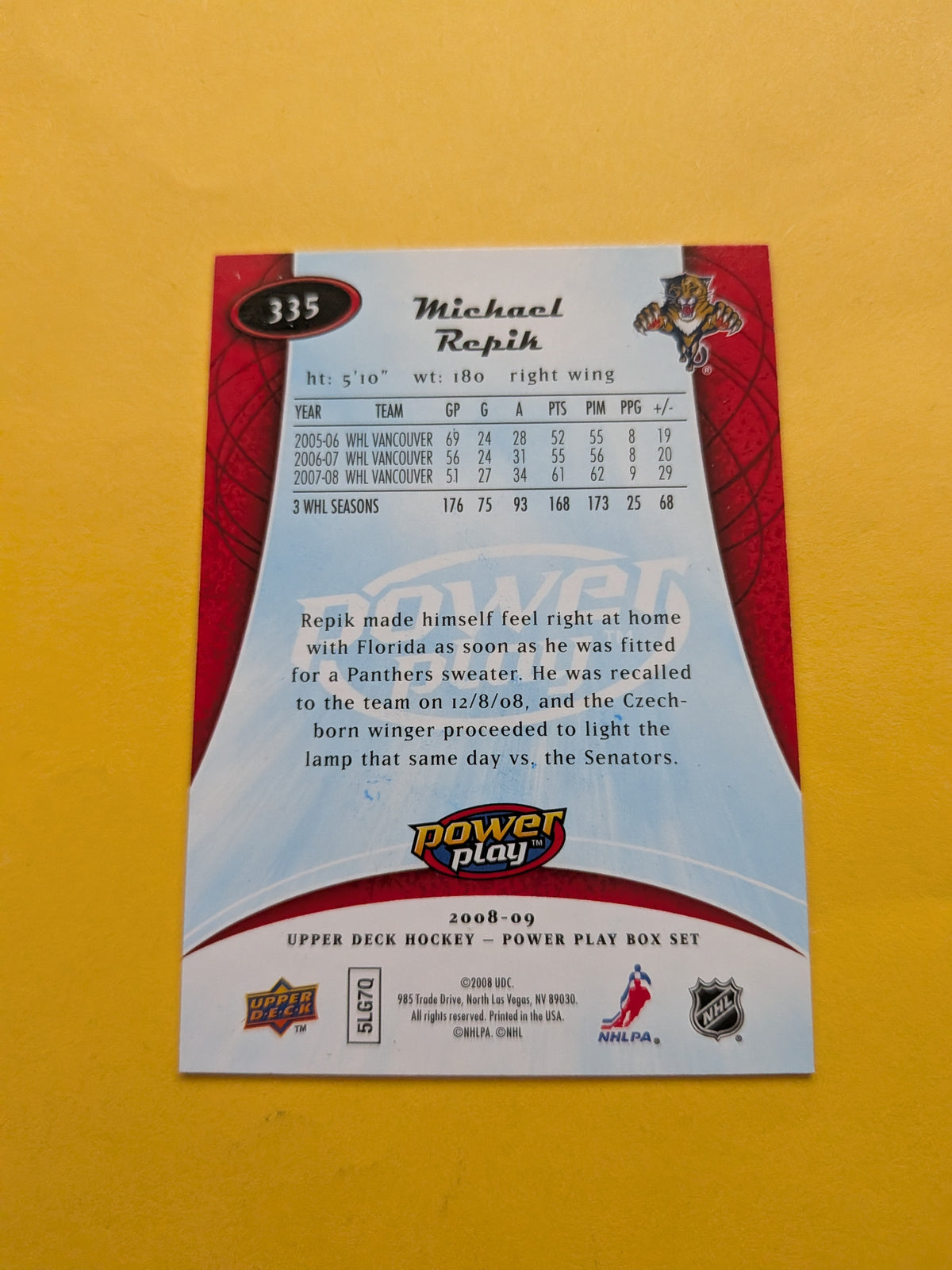 Michal Repik Signed Florida Panthers Rookie Card A
