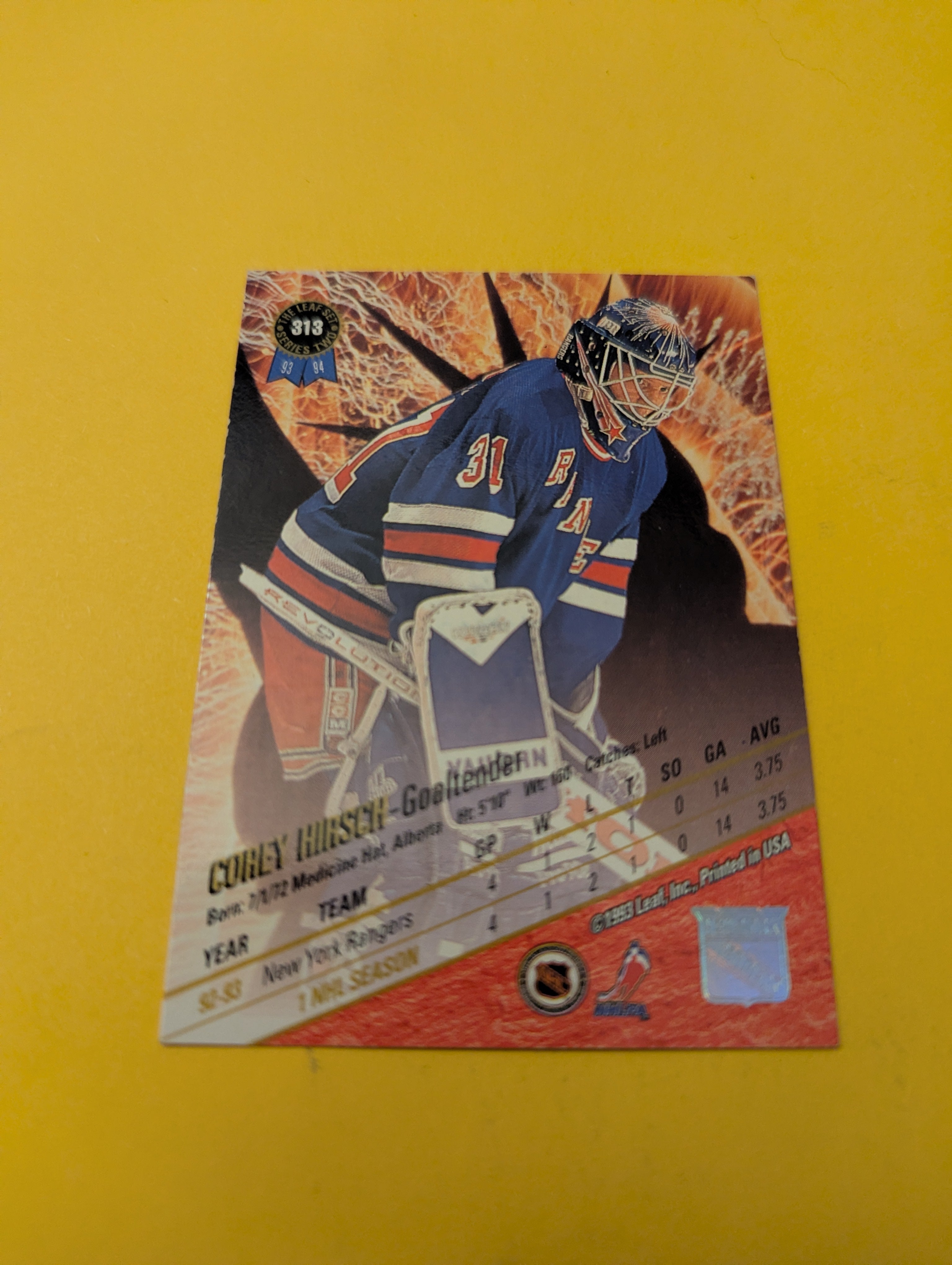 Corey Hirsch Signed New York Rangers Card