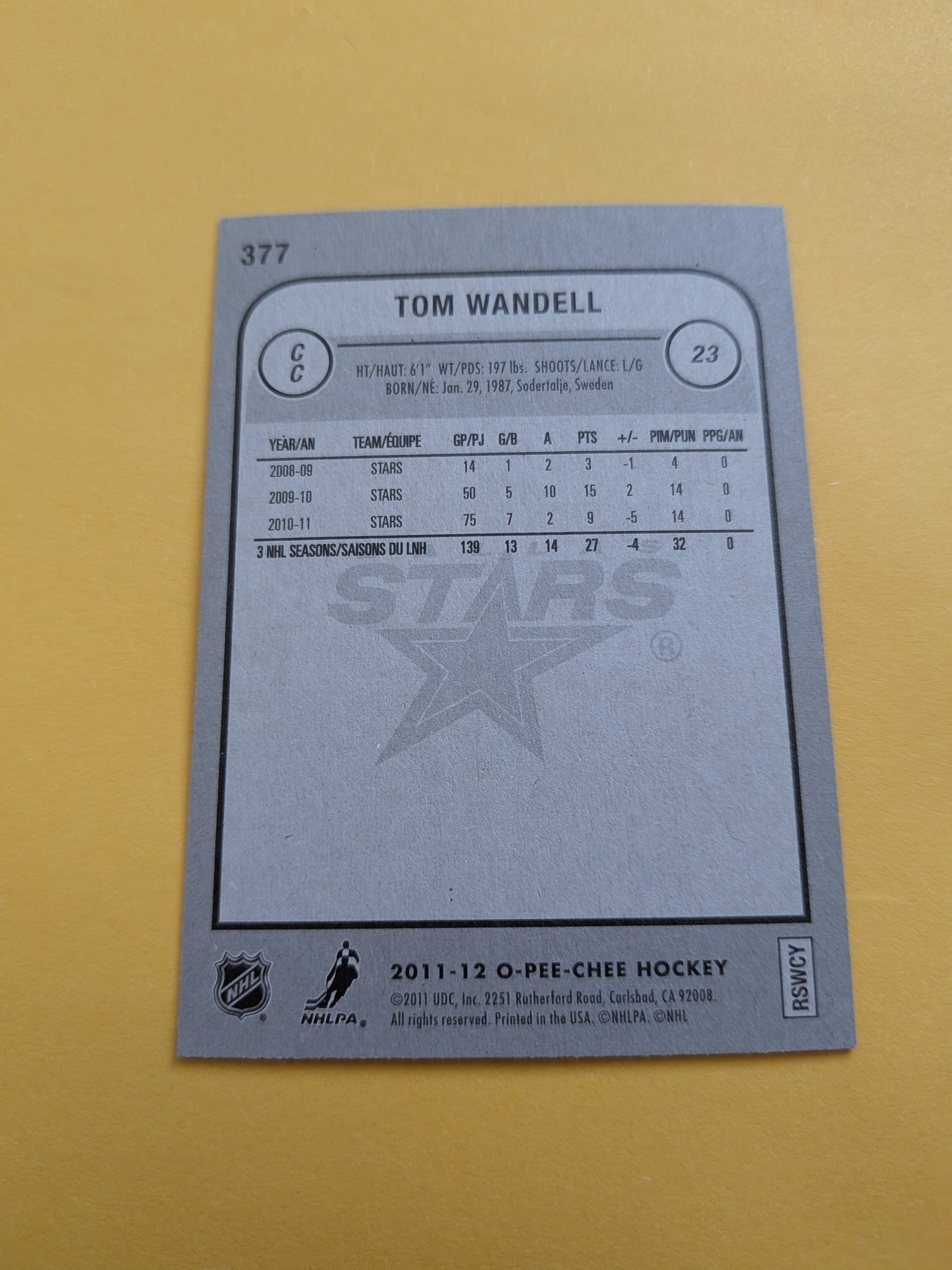 Tom Wandell Signed Dallas Stars Card C