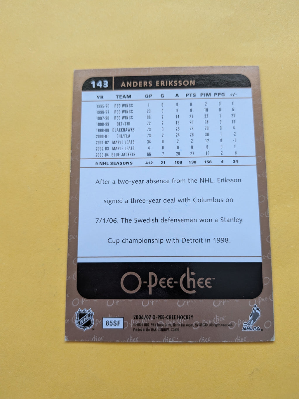 Anders Eriksson Signed Columbus Blue Jackets Card A