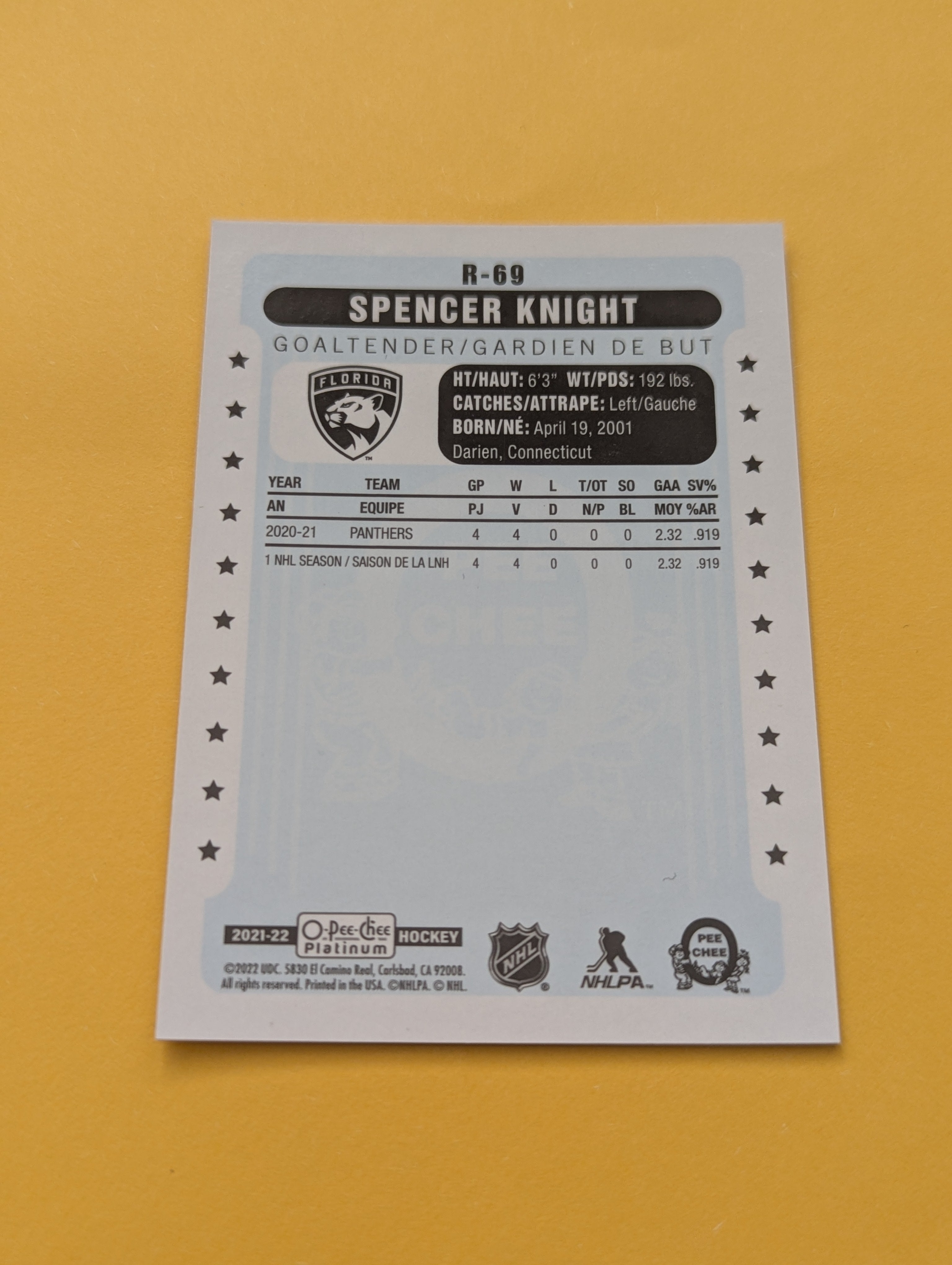 Spencer Knight 21-22 OPC Platinum Retro Rookie Card