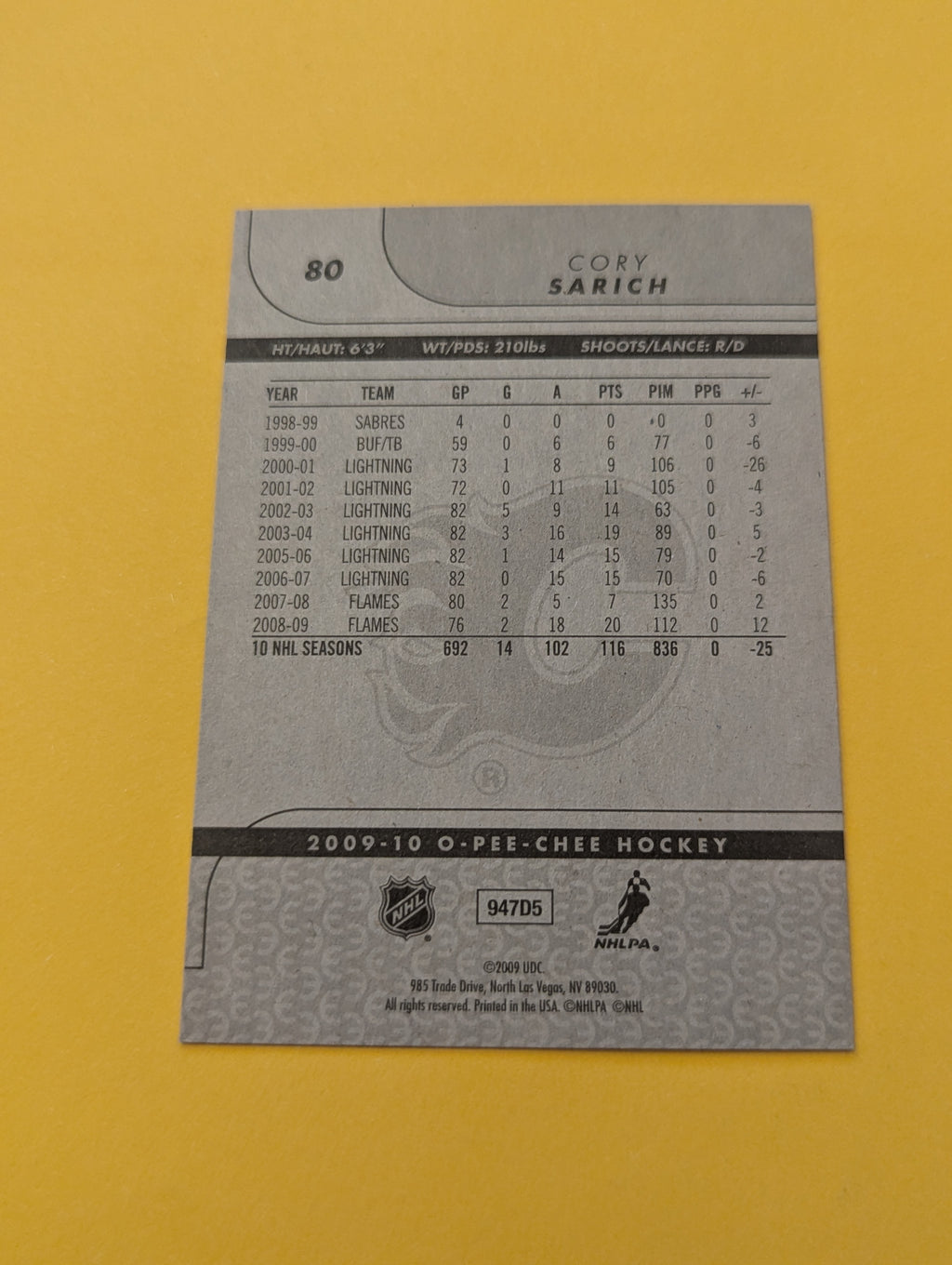Cory Sarich Signed Calgary Flames Card