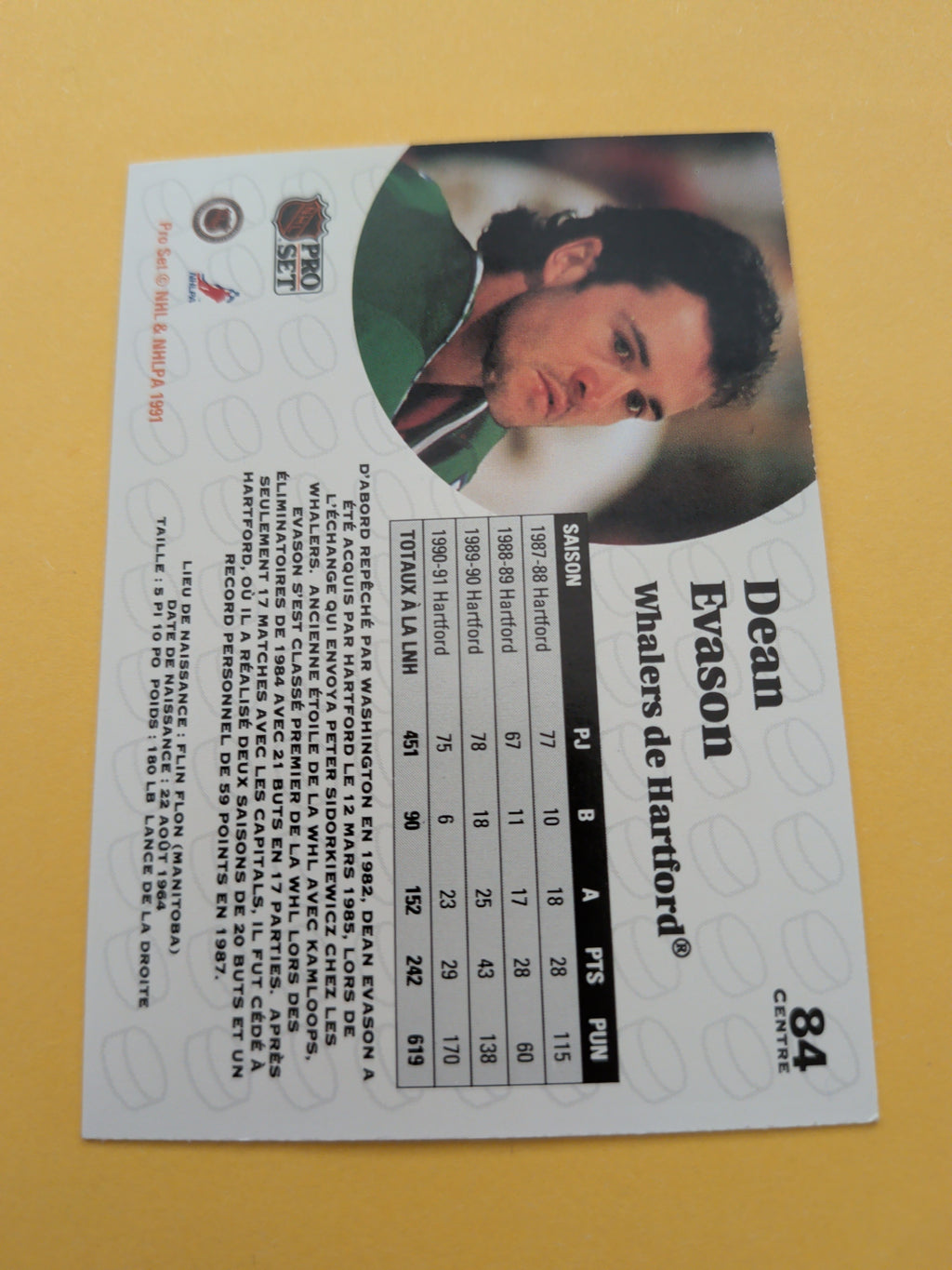 Dean Evason Signed Hartford Whalers Card A