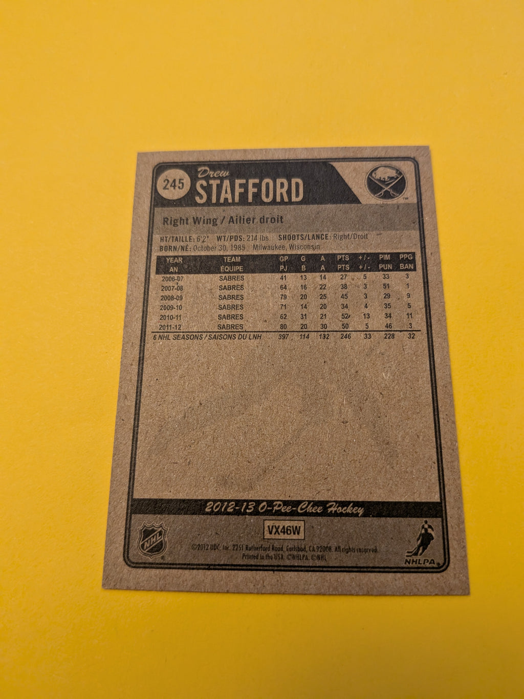 Drew Stafford Signed Buffalo Sabres Card G