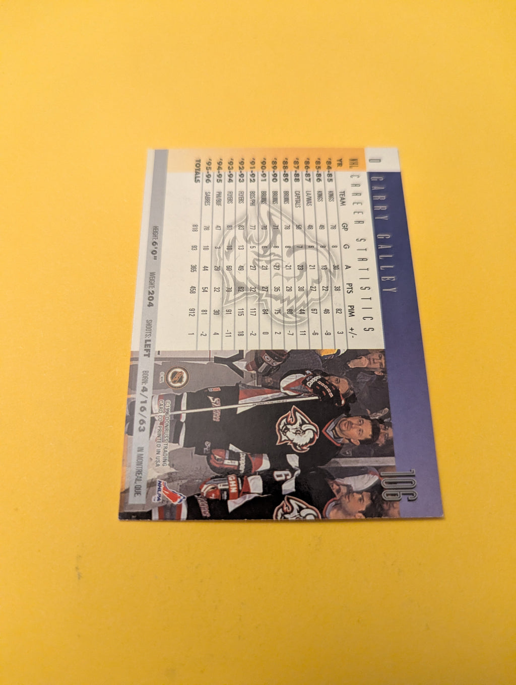 Garry Galley Signed Buffalo Sabres Card