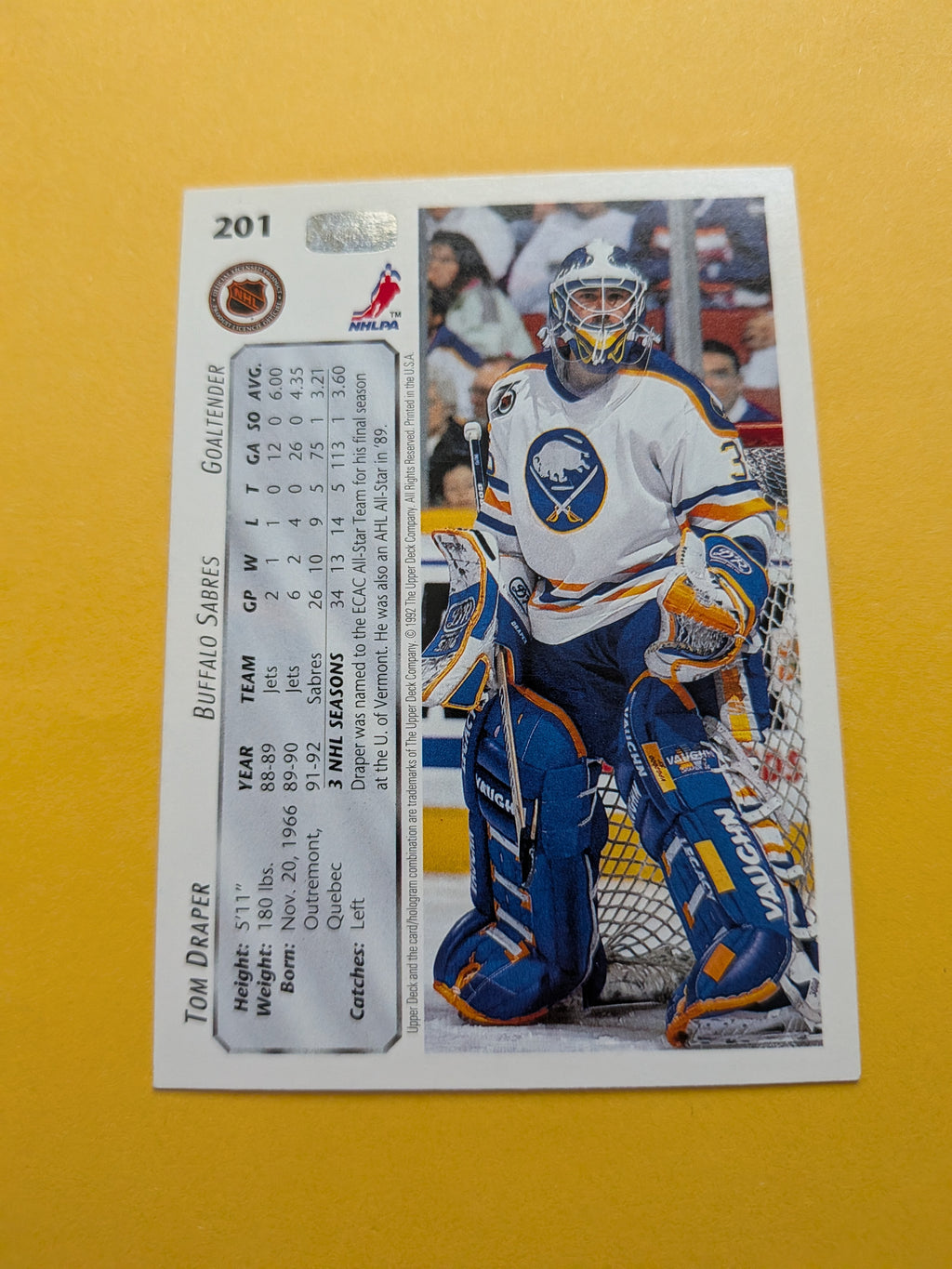 Tom Draper Signed Buffalo Sabres Card D