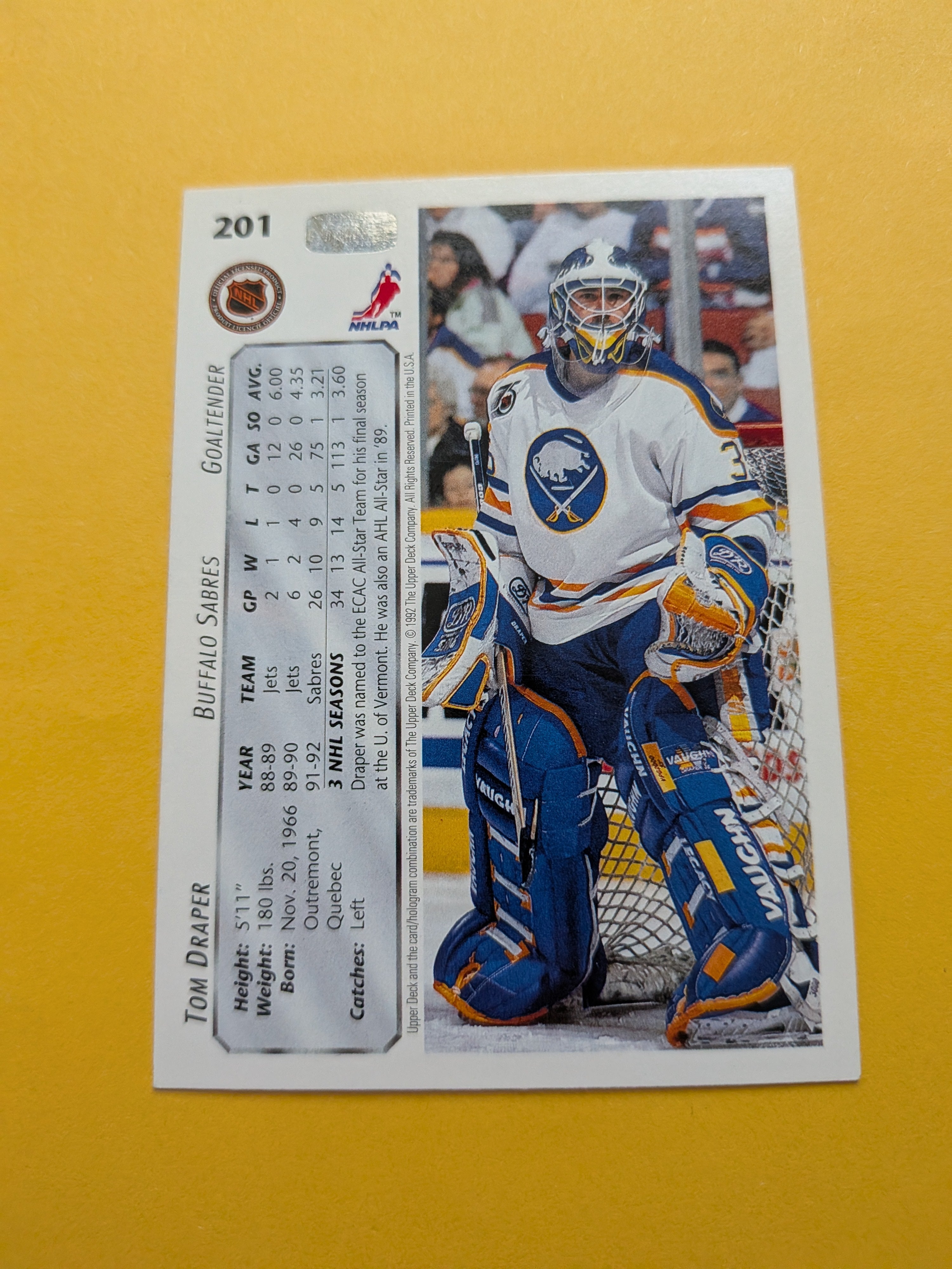 Tom Draper Signed Buffalo Sabres Card D