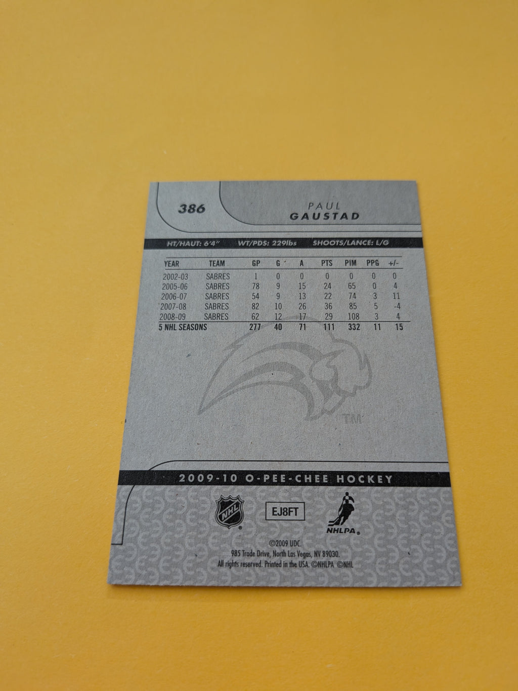 Paul Gaustad Signed Buffalo Sabres Card D
