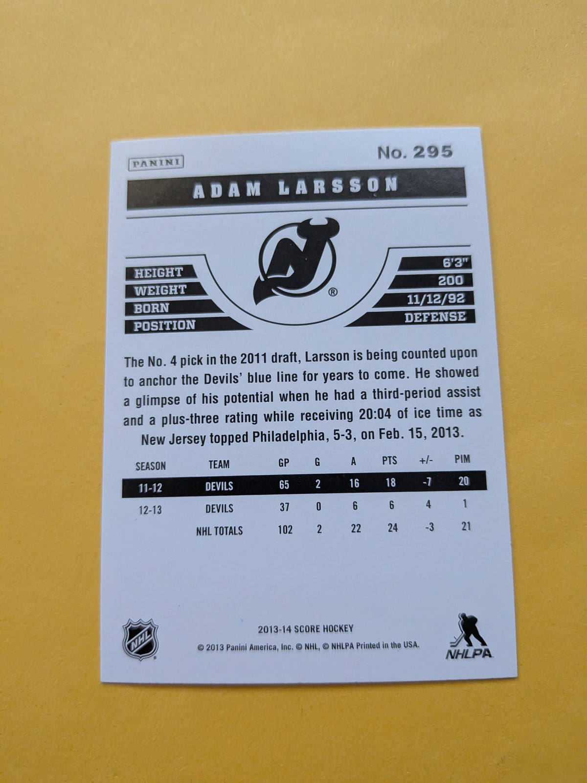 Adam Larsson Signed New Jersey Devils Card B