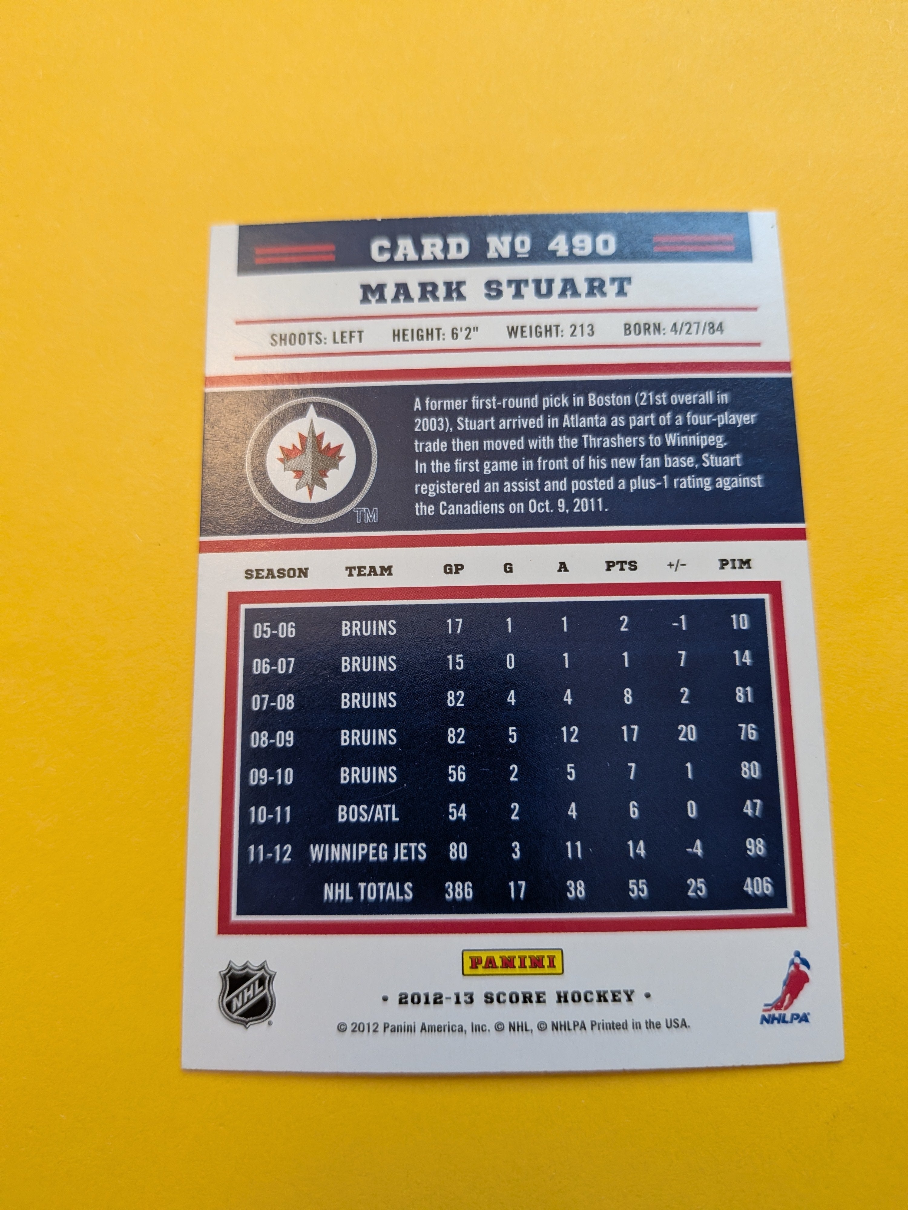 Mark Stuart Signed Winnipeg Jets Card A