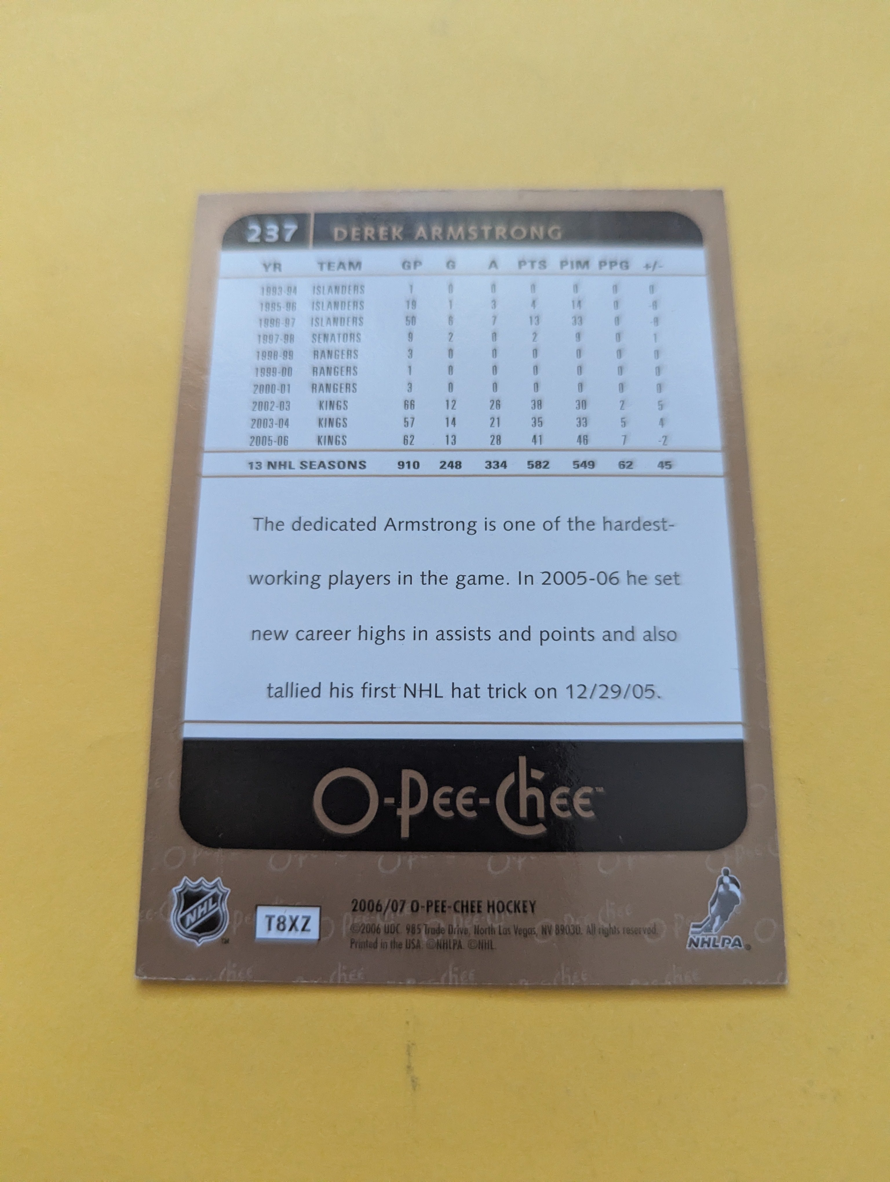 Derek Armstrong Signed Los Angeles Kings Card B