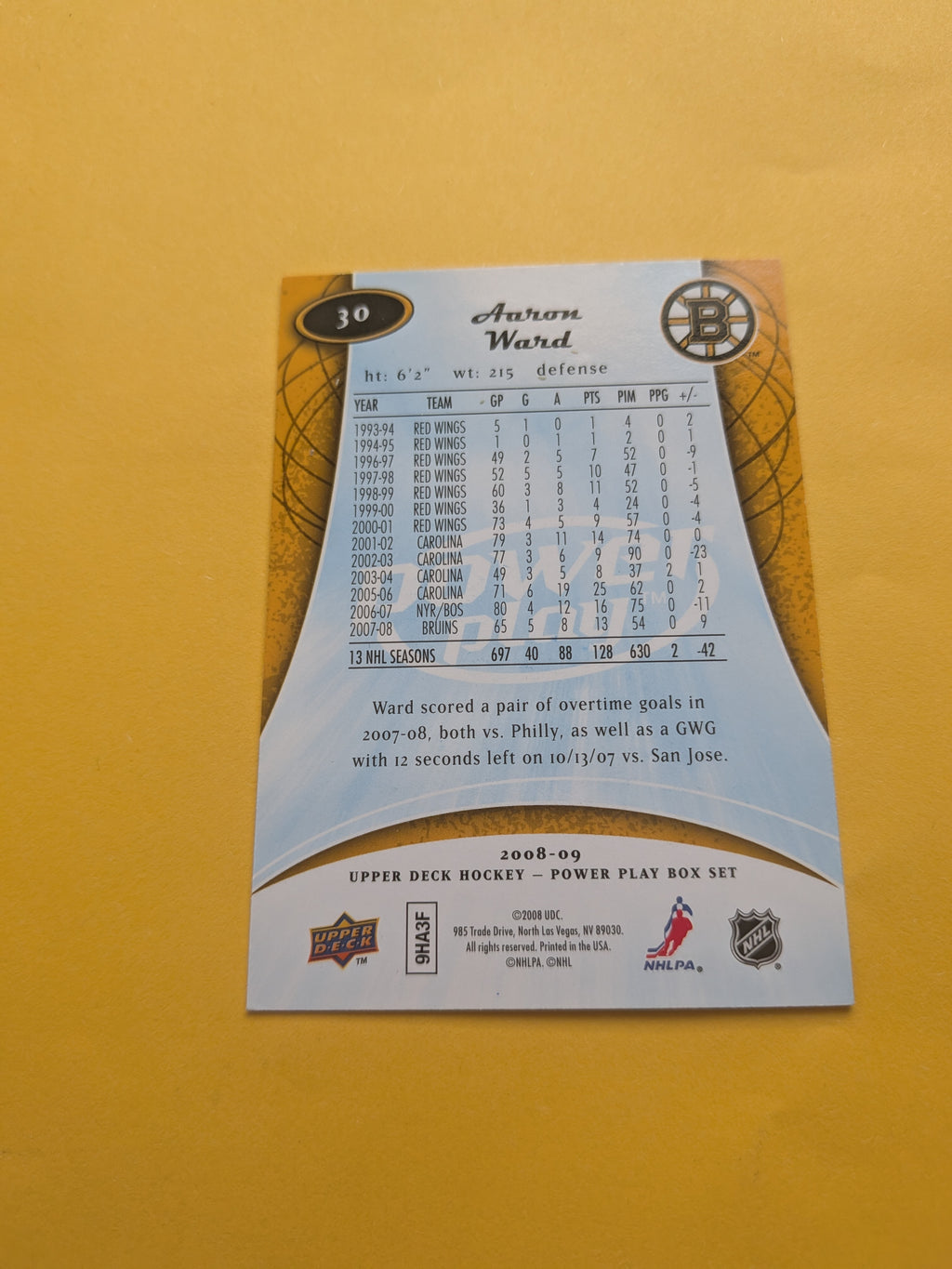 Aaron Ward Signed Boston Bruins Card A