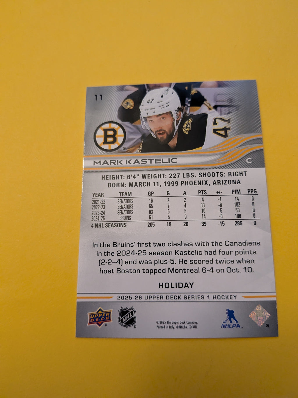 Mark Kastelic 25-26 Upper Deck Green Holiday Card