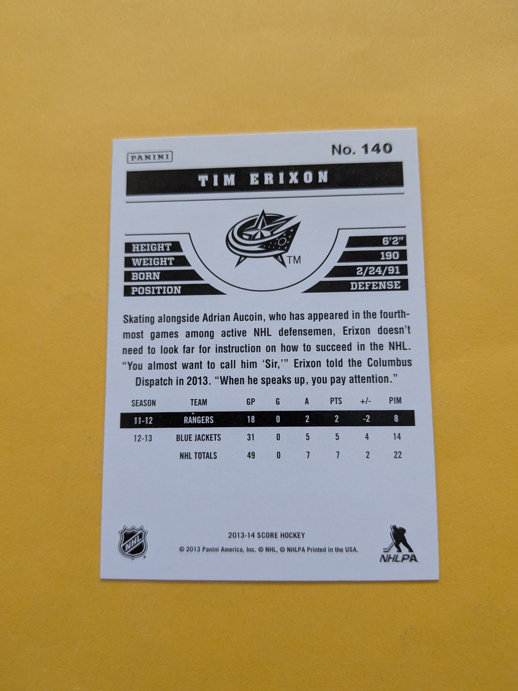 Tim Erixon Signed Columbus Blue Jackets Card A