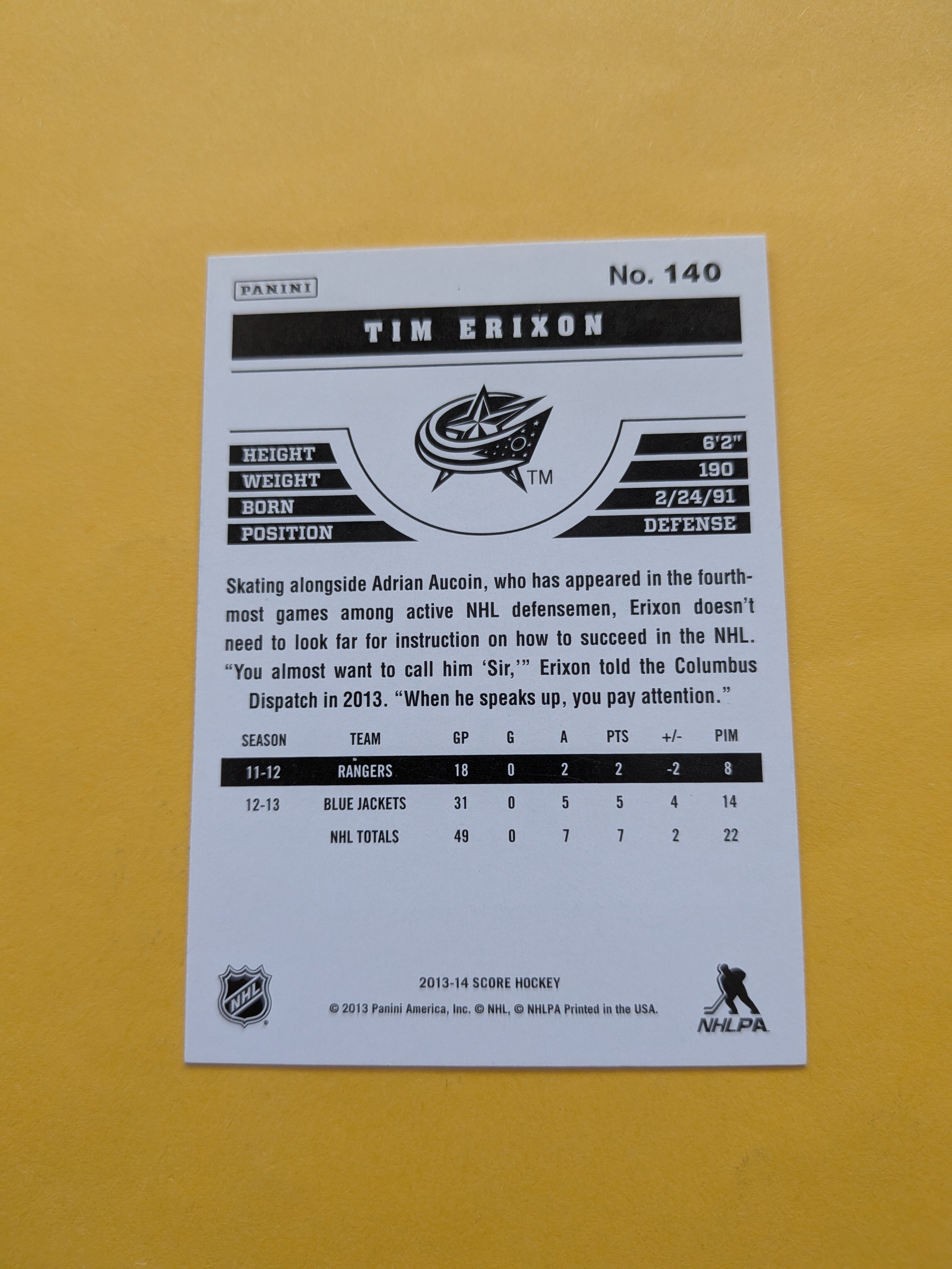 Tim Erixon Signed Columbus Blue Jackets Card A